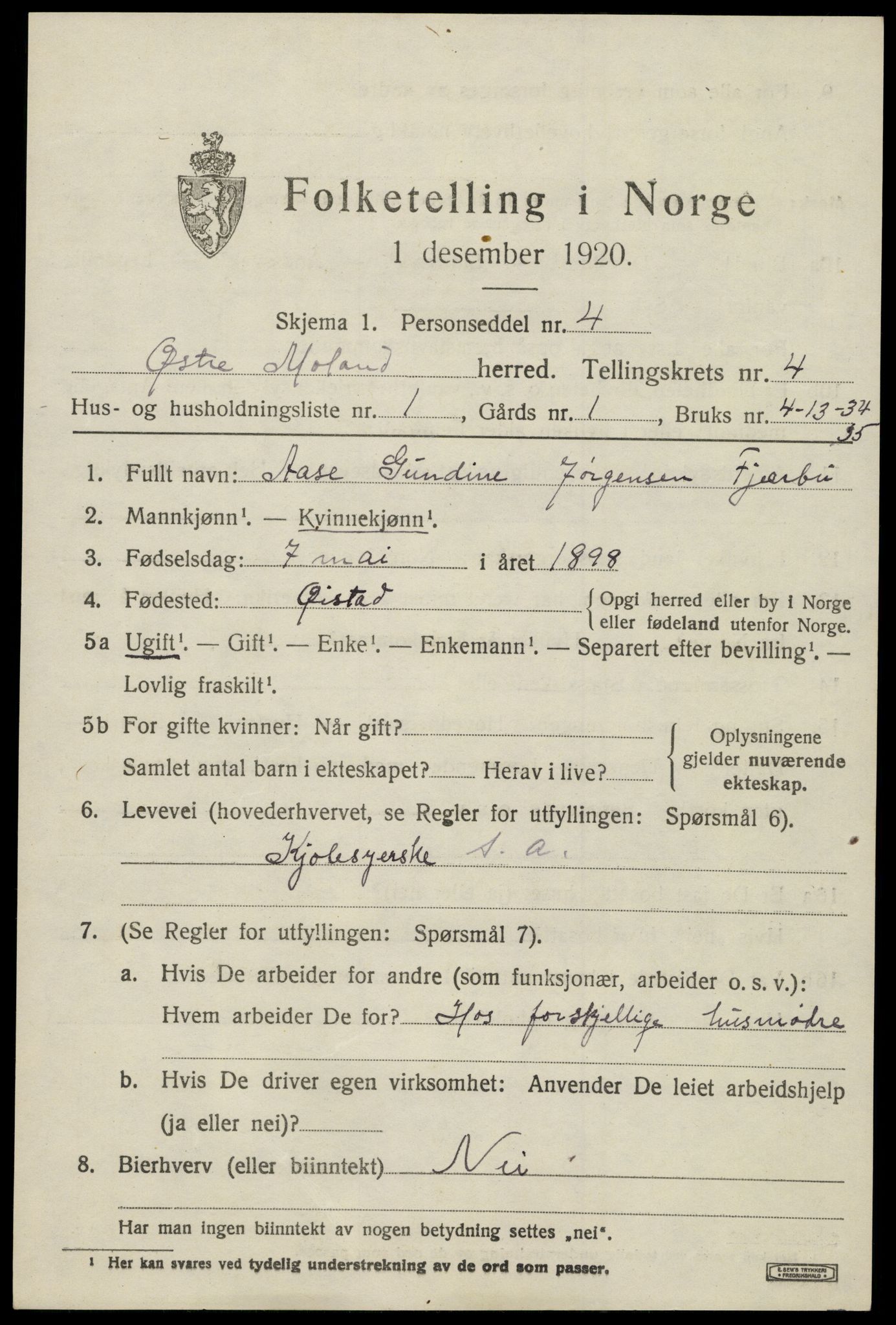 SAK, 1920 census for Austre Moland, 1920, p. 2057