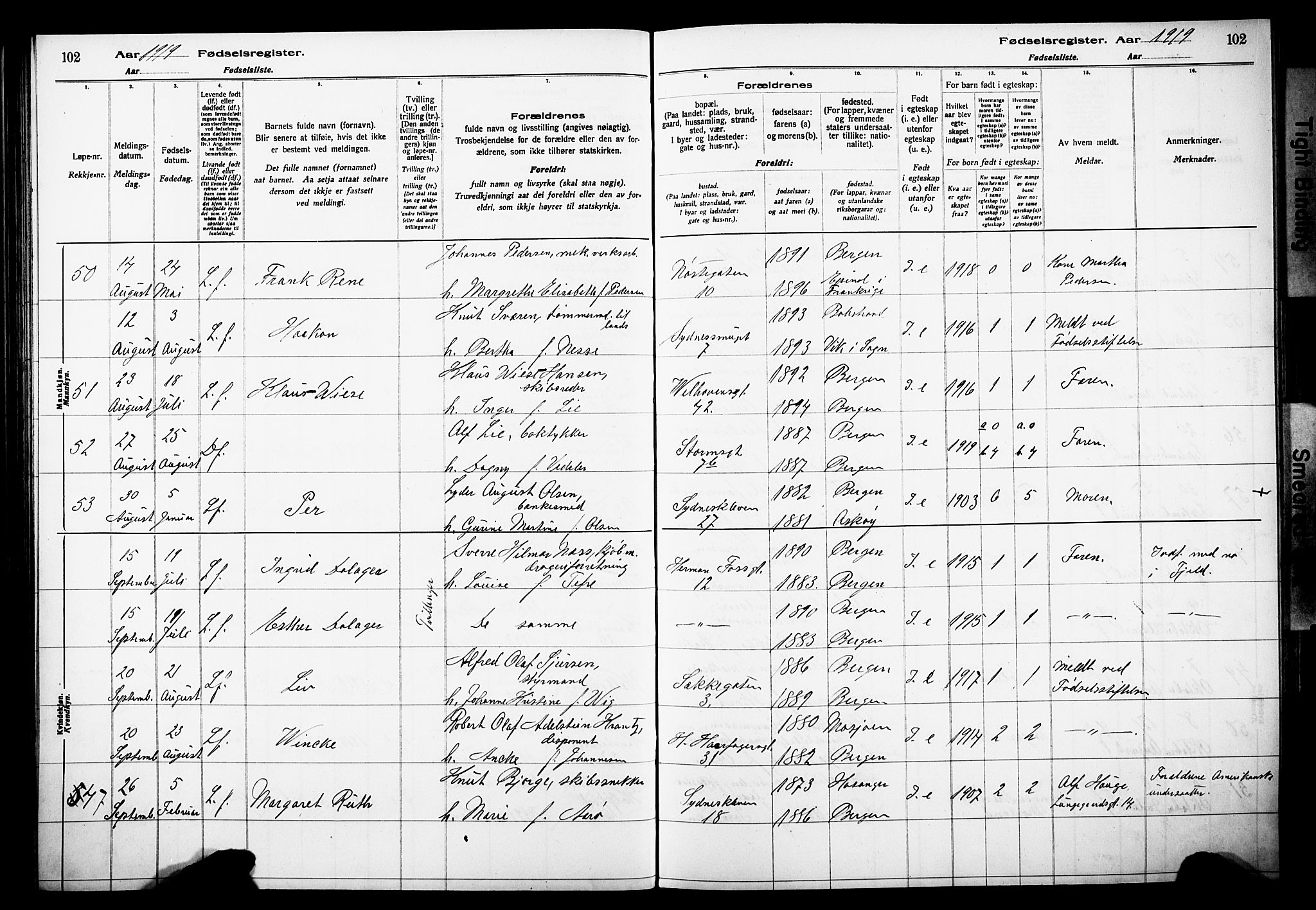 Johanneskirken sokneprestembete, AV/SAB-A-76001/I/Id/L00A1: Birth register no. A 1, 1916-1924, p. 102