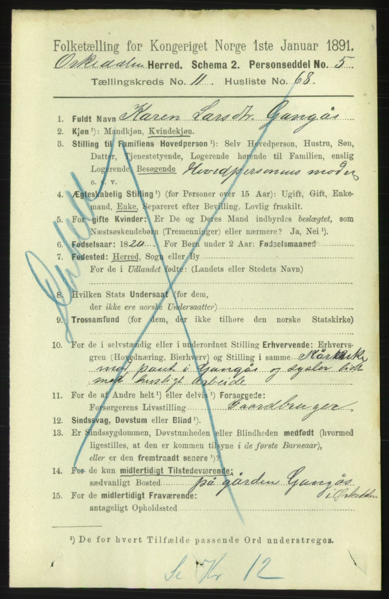 RA, 1891 census for 1638 Orkdal, 1891, p. 5507