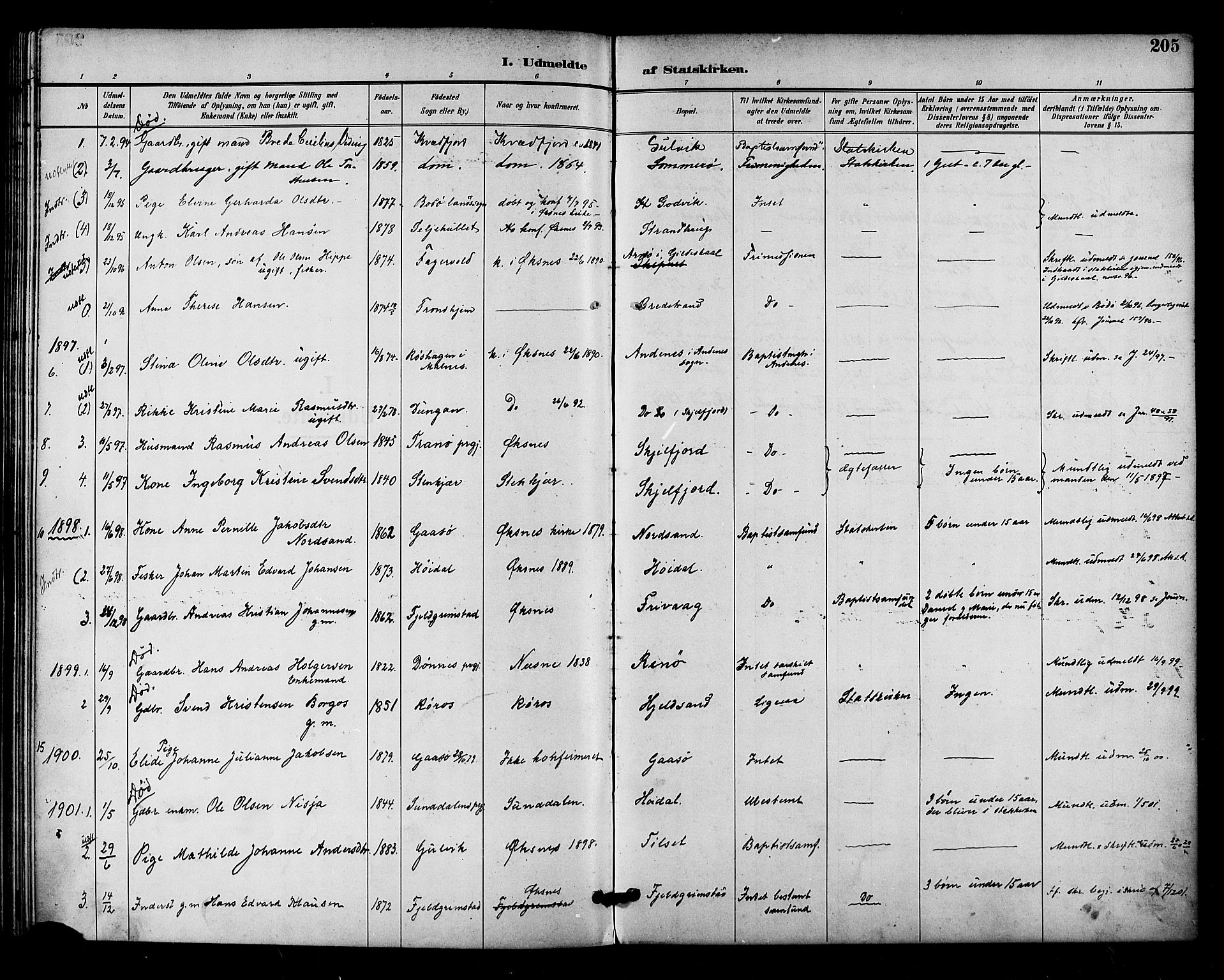 Ministerialprotokoller, klokkerbøker og fødselsregistre - Nordland, AV/SAT-A-1459/893/L1338: Parish register (official) no. 893A10, 1894-1903, p. 205