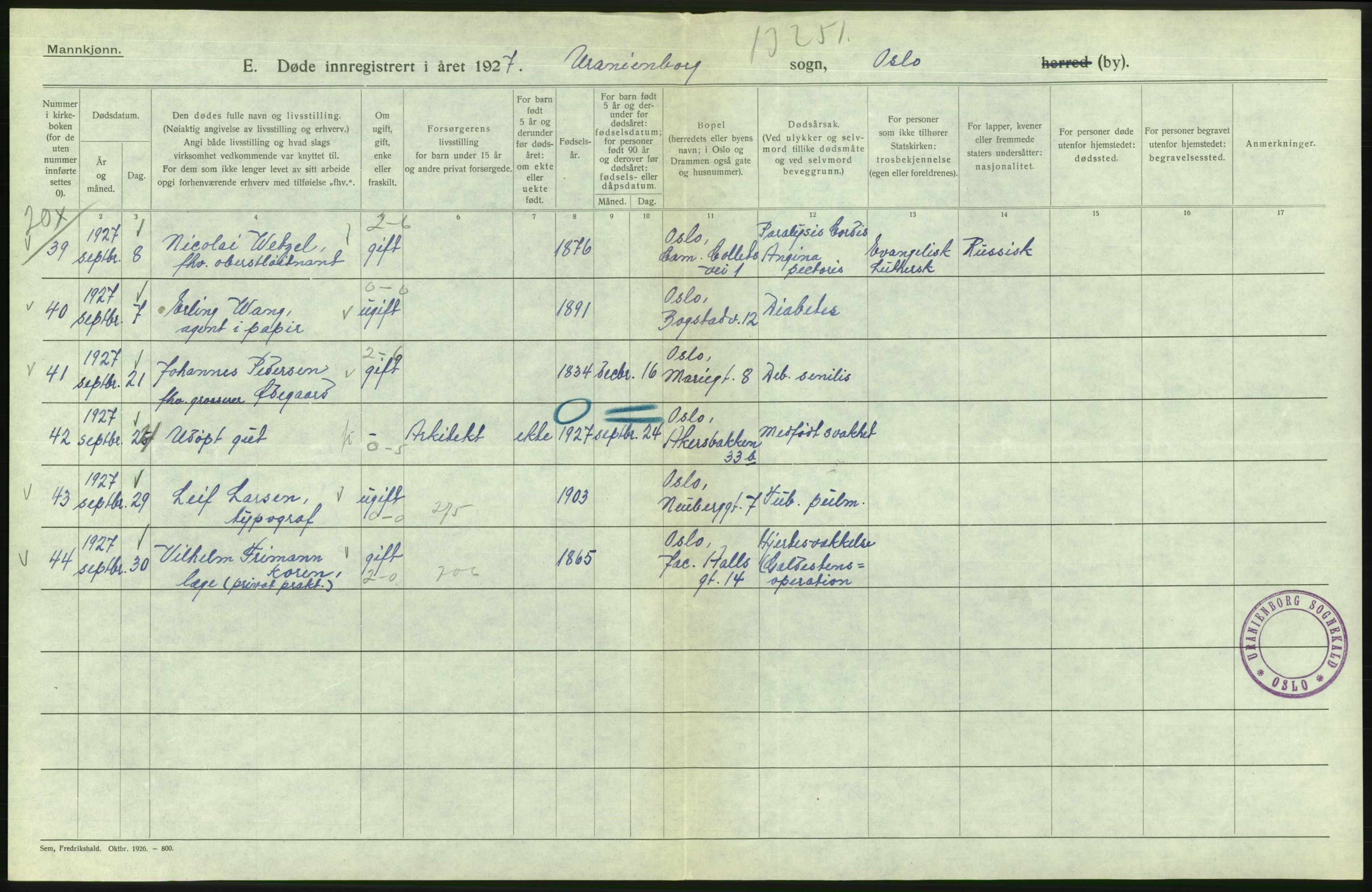 Statistisk sentralbyrå, Sosiodemografiske emner, Befolkning, AV/RA-S-2228/D/Df/Dfc/Dfcg/L0009: Oslo: Døde menn, 1927, p. 158