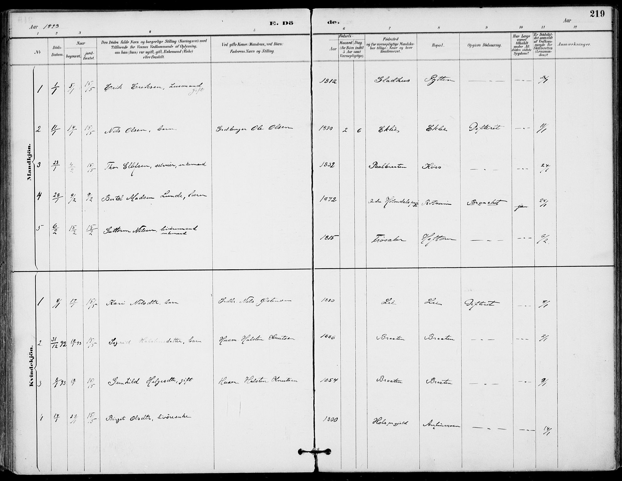 Gol kirkebøker, AV/SAKO-A-226/F/Fa/L0005: Parish register (official) no. I 5, 1887-1900, p. 219