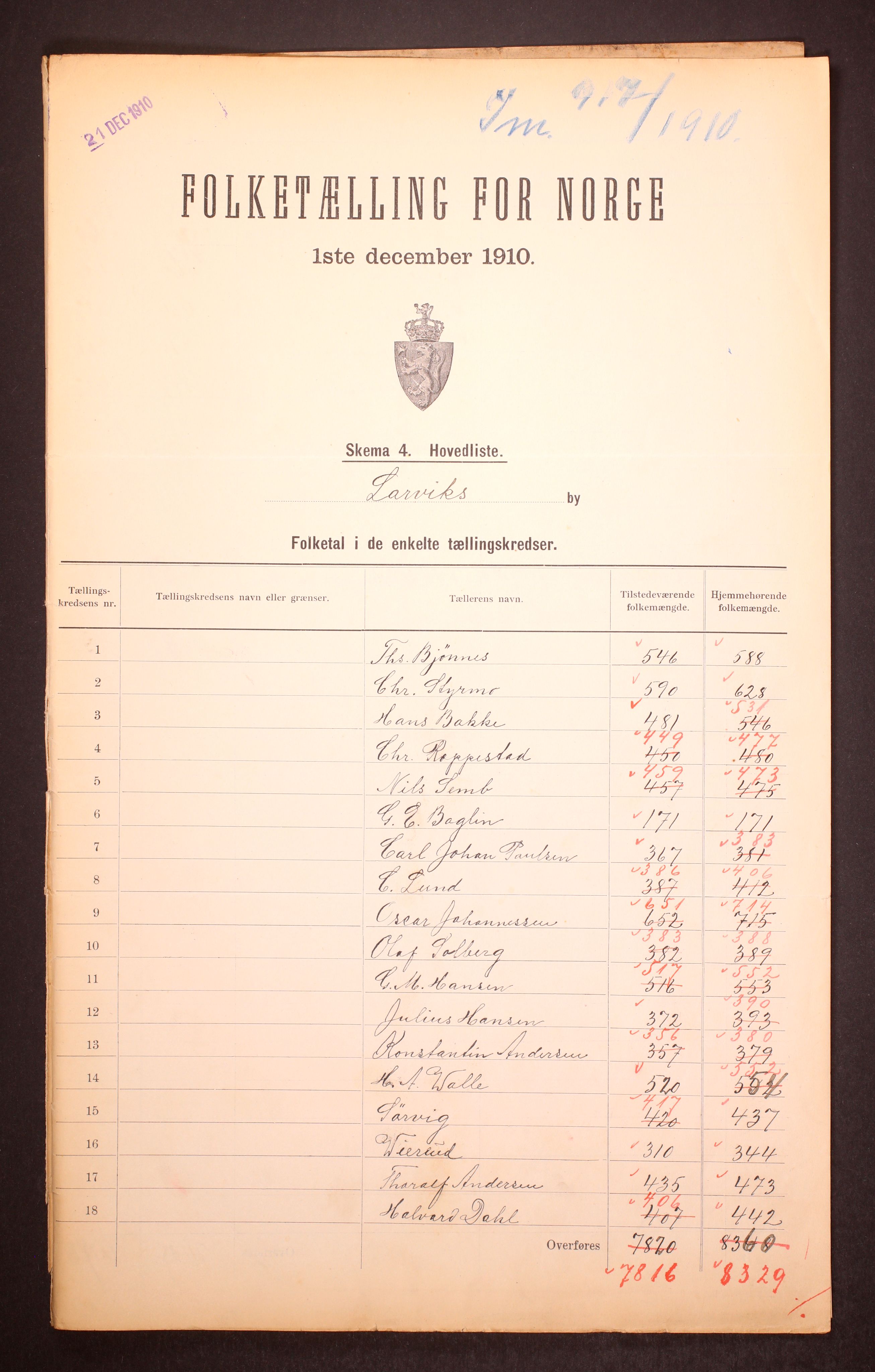 RA, 1910 census for Larvik, 1910, p. 2