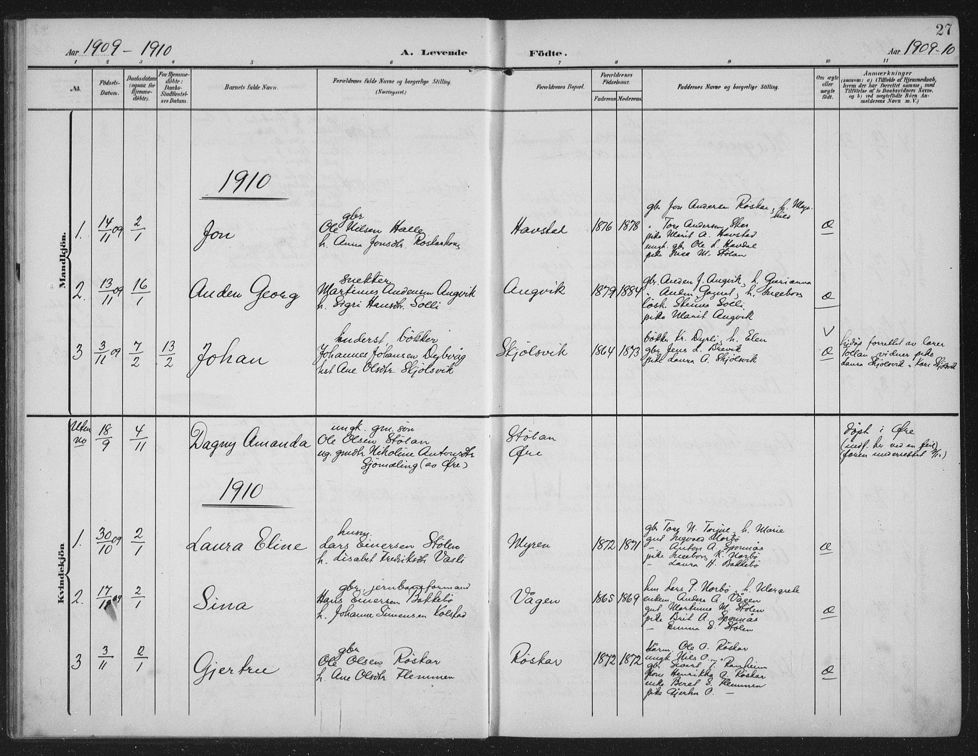 Ministerialprotokoller, klokkerbøker og fødselsregistre - Møre og Romsdal, AV/SAT-A-1454/586/L0989: Parish register (official) no. 586A15, 1906-1915, p. 27