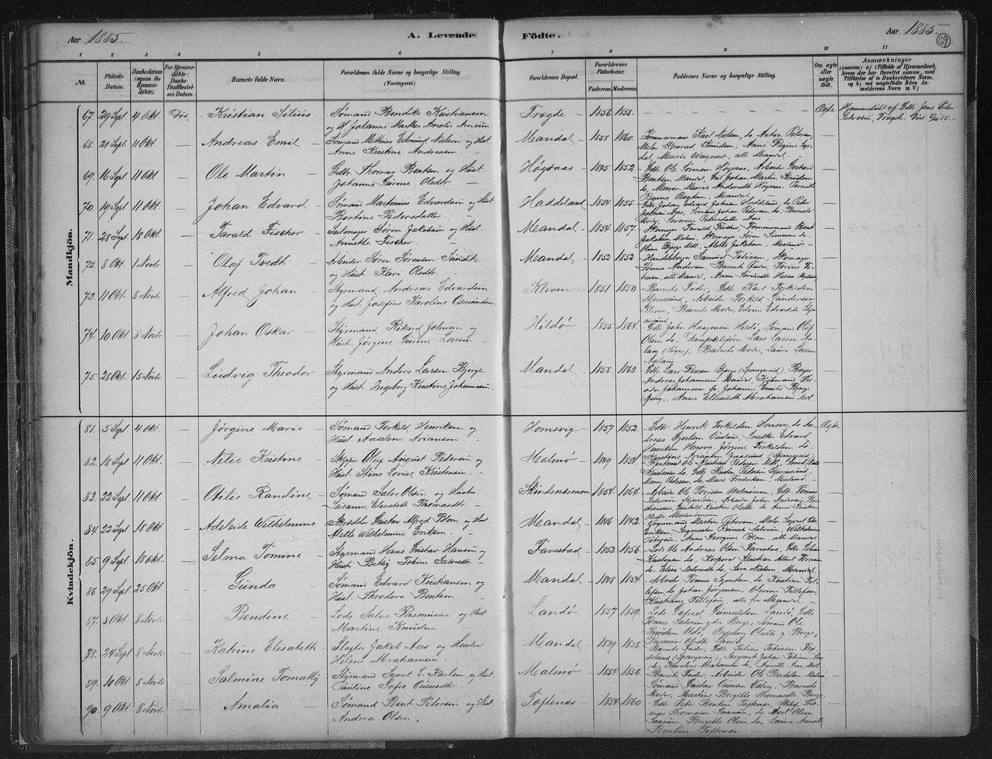 Mandal sokneprestkontor, AV/SAK-1111-0030/F/Fb/Fba/L0011: Parish register (copy) no. B 5, 1880-1898, p. 69