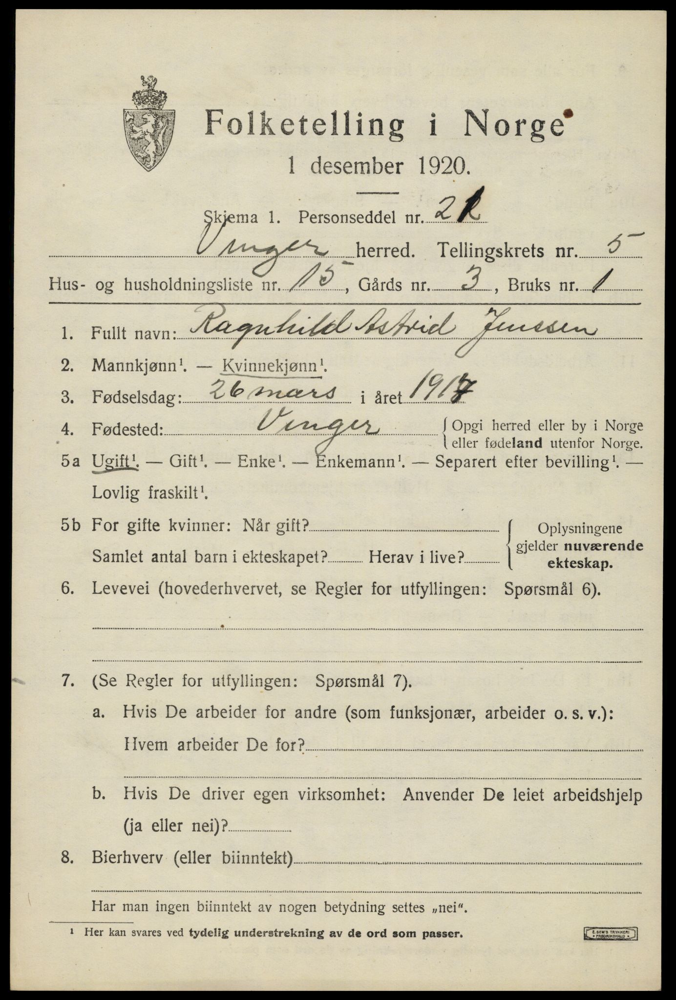 SAH, 1920 census for Vinger, 1920, p. 5878