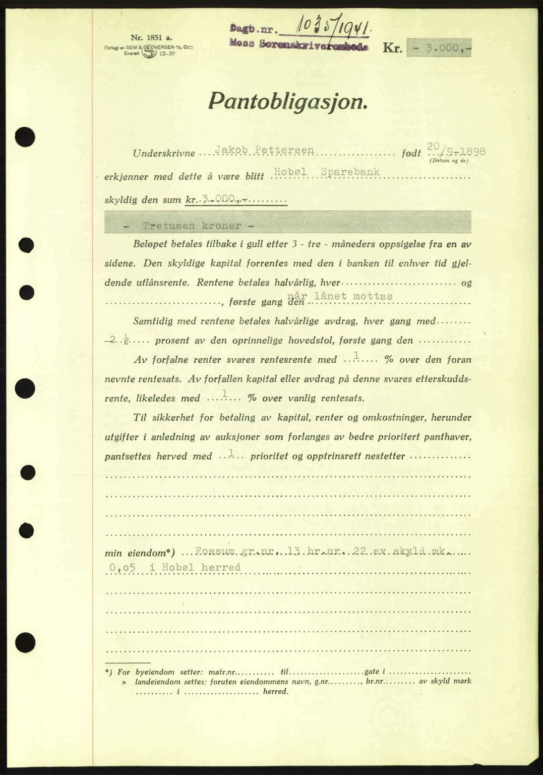 Moss sorenskriveri, SAO/A-10168: Mortgage book no. B10, 1940-1941, Diary no: : 1035/1941