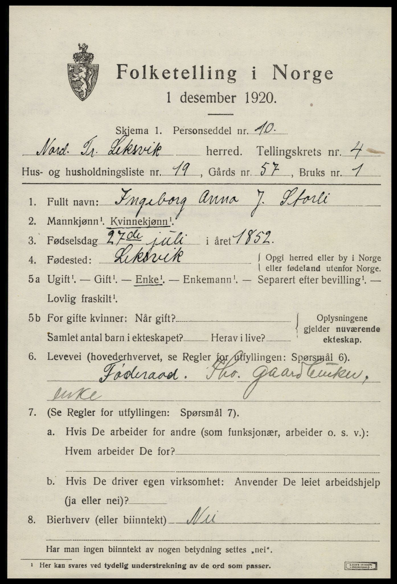 SAT, 1920 census for Leksvik, 1920, p. 3744