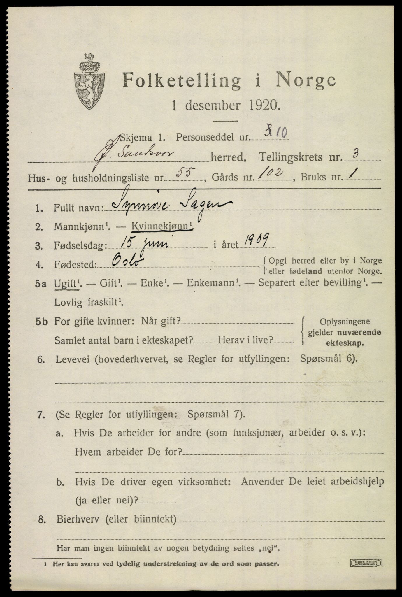 SAKO, 1920 census for Øvre Sandsvær, 1920, p. 2536
