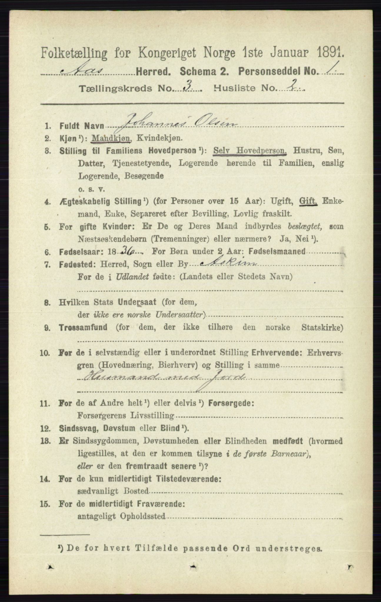 RA, 1891 census for 0214 Ås, 1891, p. 2133