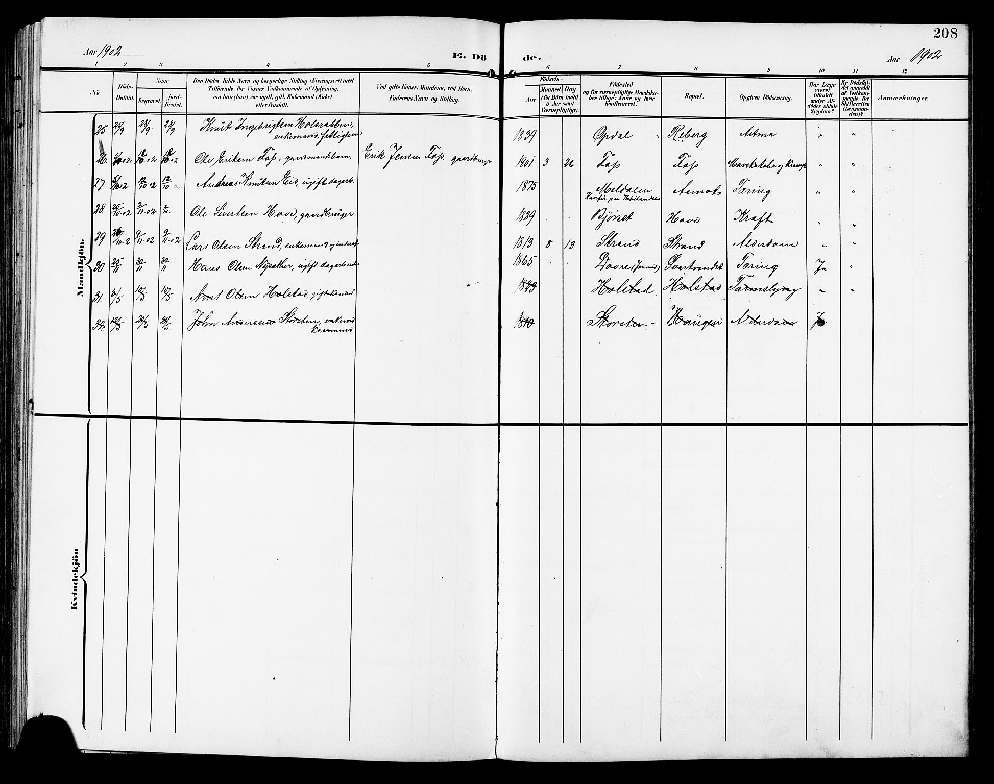 Ministerialprotokoller, klokkerbøker og fødselsregistre - Sør-Trøndelag, AV/SAT-A-1456/672/L0864: Parish register (copy) no. 672C03, 1902-1914, p. 208