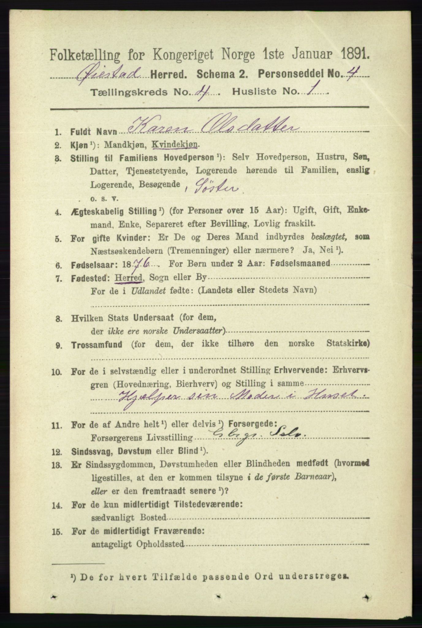 RA, 1891 census for 0920 Øyestad, 1891, p. 1395