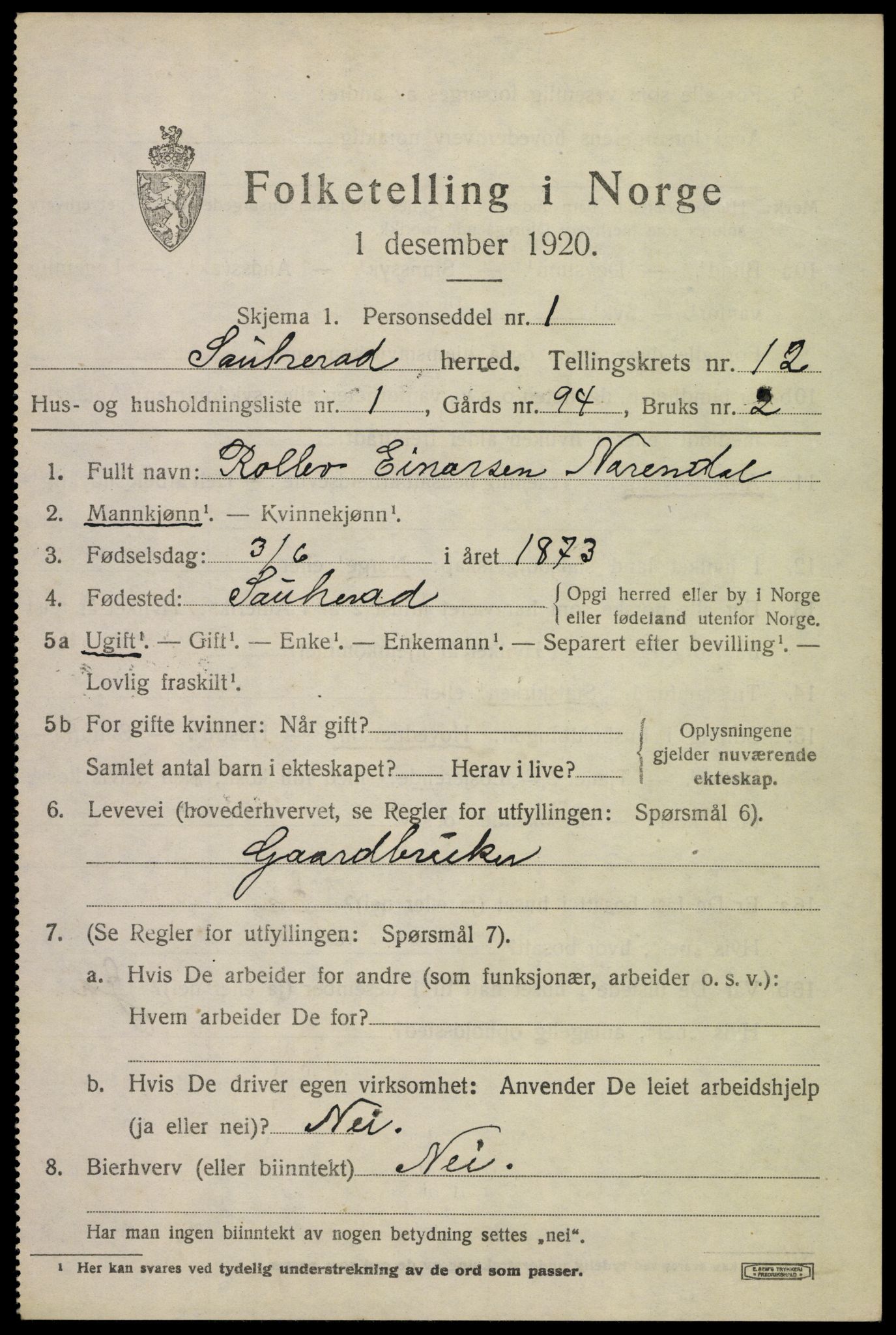 SAKO, 1920 census for Sauherad, 1920, p. 9042