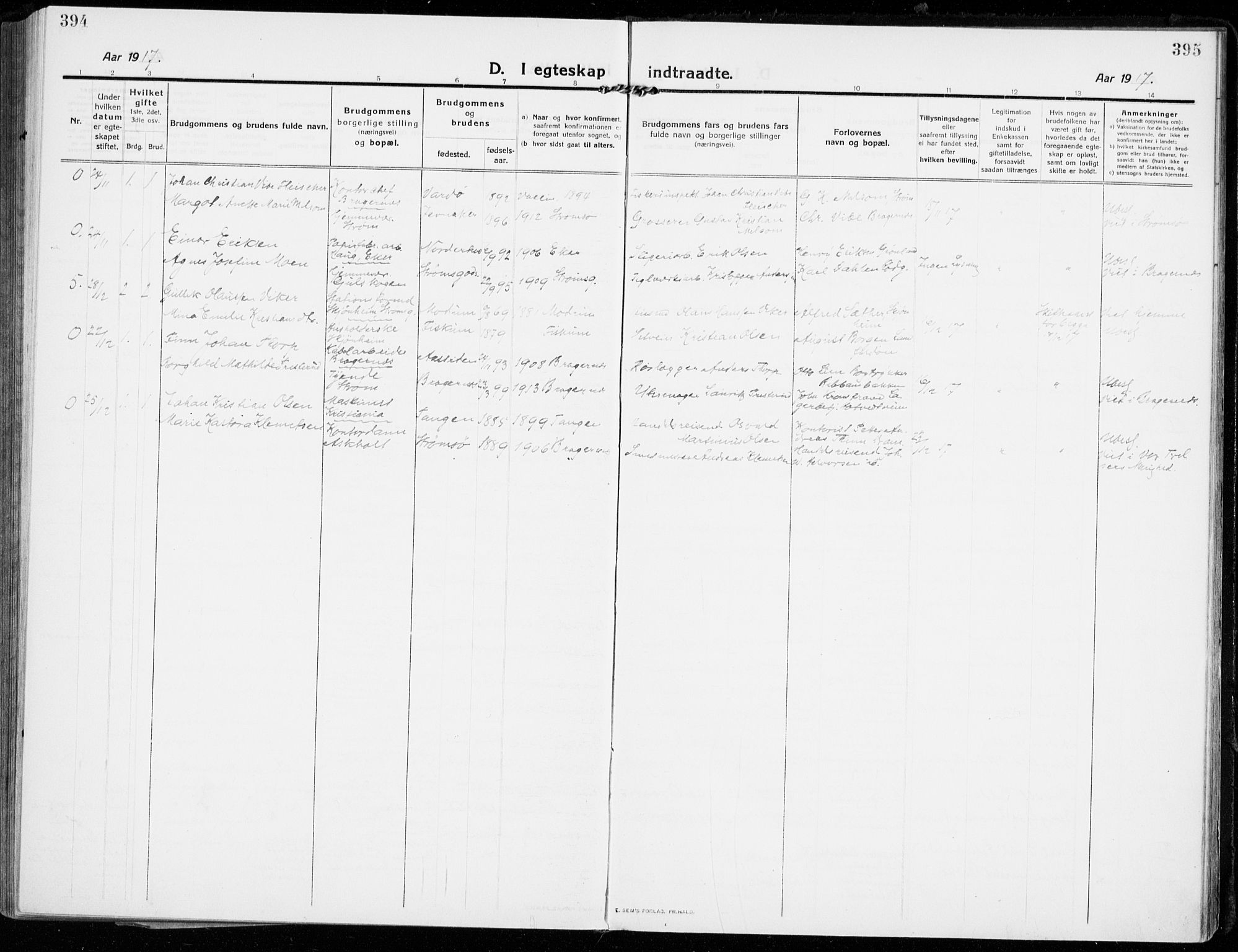 Strømsgodset kirkebøker, AV/SAKO-A-324/F/Fa/L0002: Parish register (official) no. 2, 1910-1920, p. 394-395