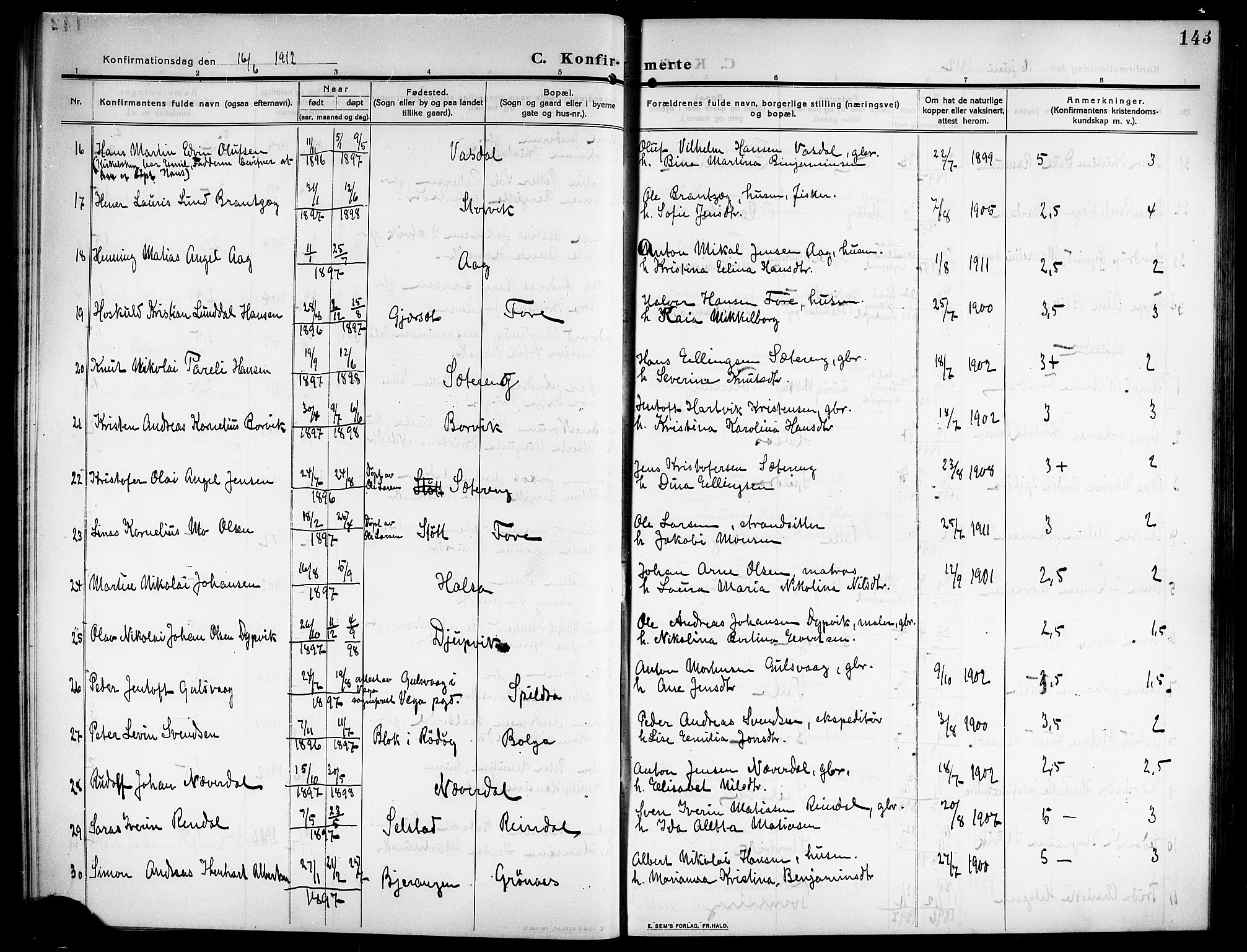 Ministerialprotokoller, klokkerbøker og fødselsregistre - Nordland, AV/SAT-A-1459/843/L0639: Parish register (copy) no. 843C08, 1908-1924, p. 143