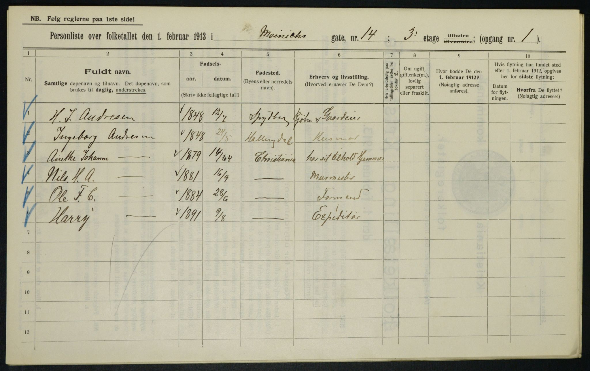 OBA, Municipal Census 1913 for Kristiania, 1913, p. 64852
