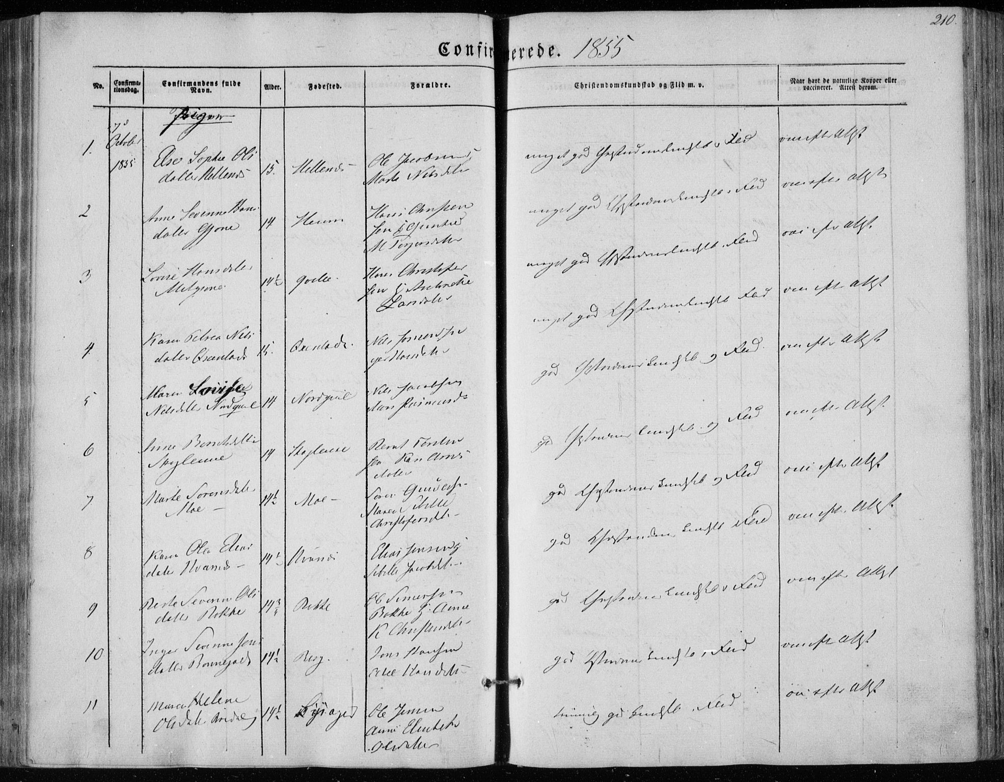 Hedrum kirkebøker, AV/SAKO-A-344/F/Fa/L0006: Parish register (official) no. I 6, 1849-1857, p. 210