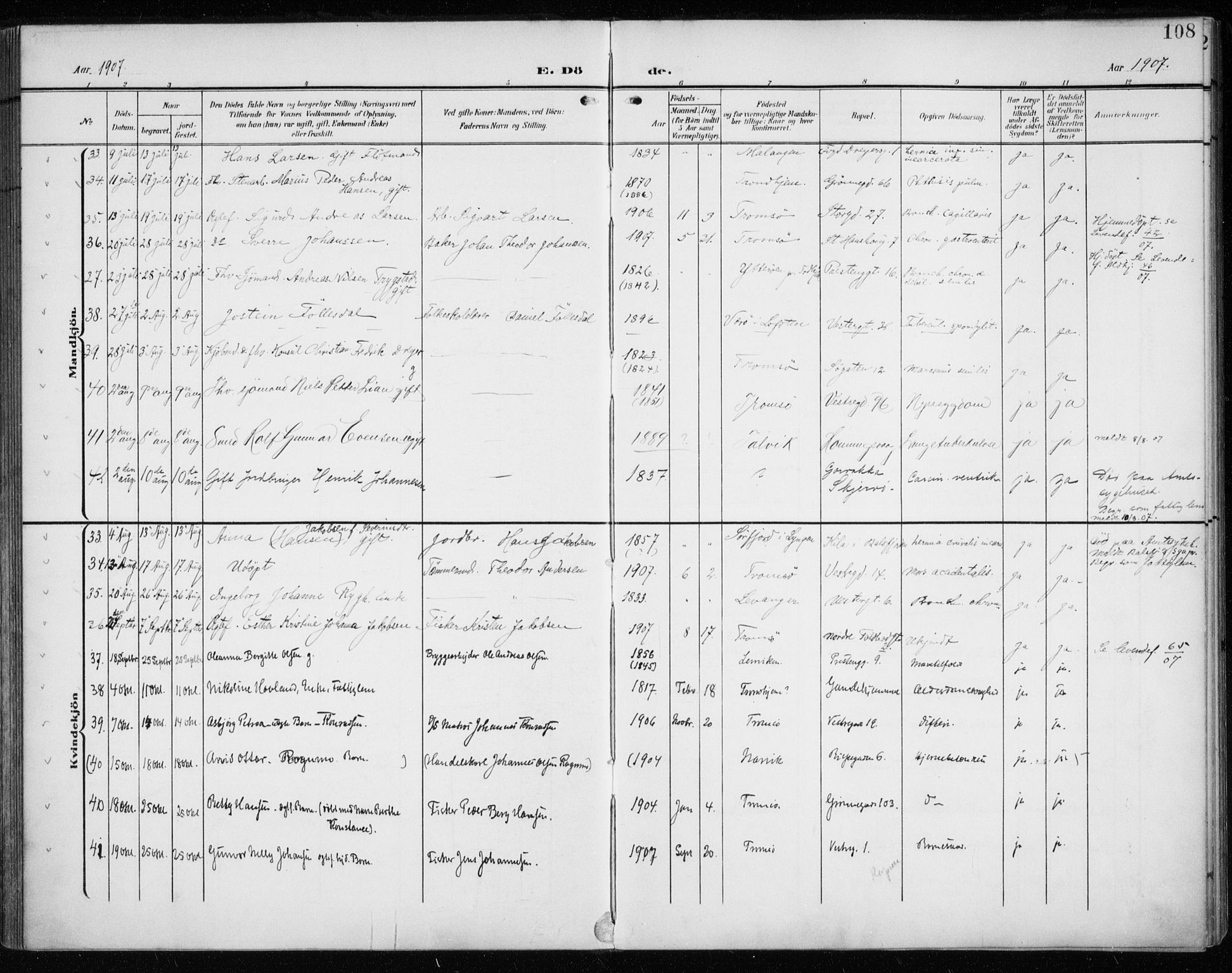 Tromsø sokneprestkontor/stiftsprosti/domprosti, AV/SATØ-S-1343/G/Ga/L0018kirke: Parish register (official) no. 18, 1907-1917, p. 108