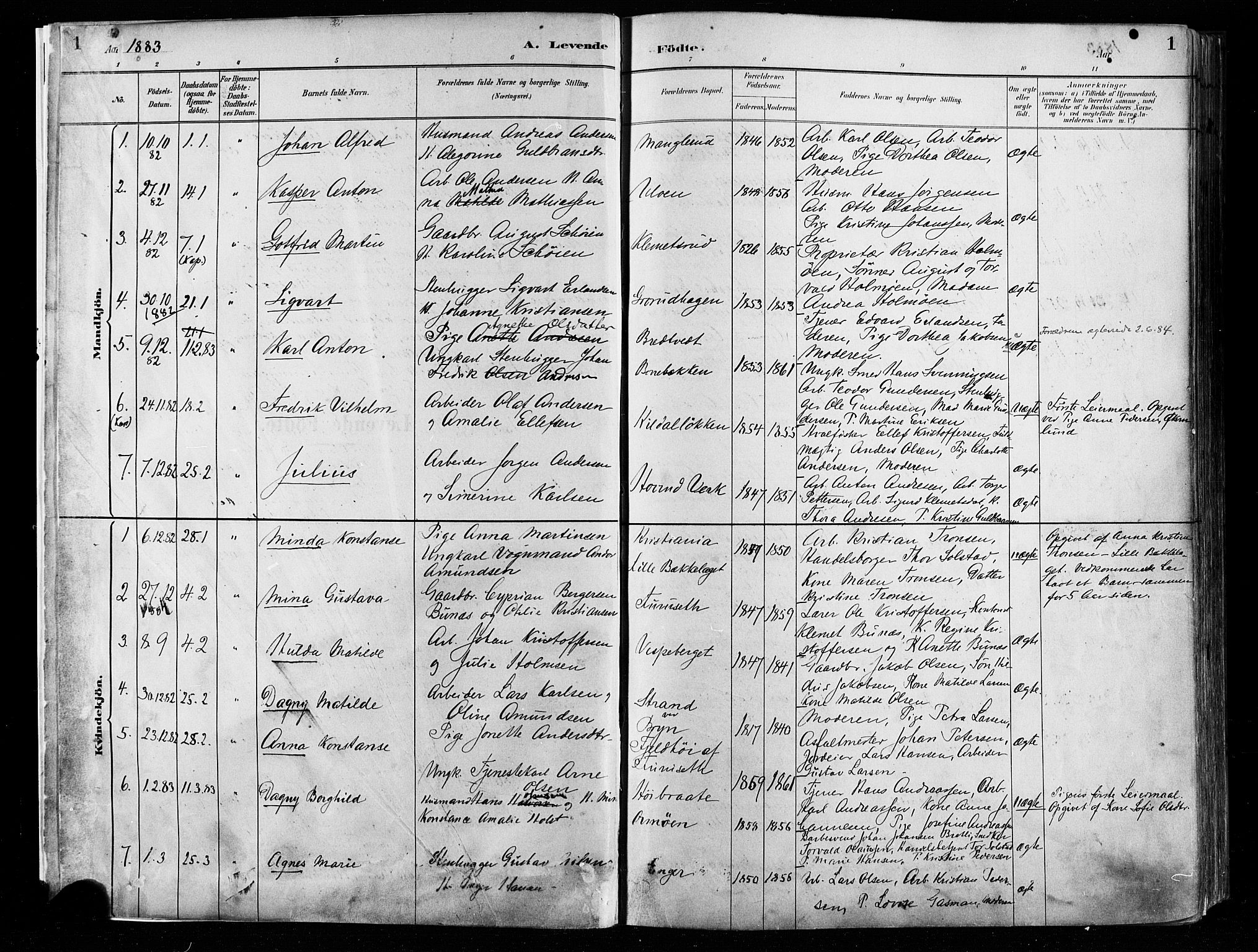 Østre Aker prestekontor Kirkebøker, SAO/A-10840/F/Fa/L0008: Parish register (official) no. I 8, 1883-1894, p. 1