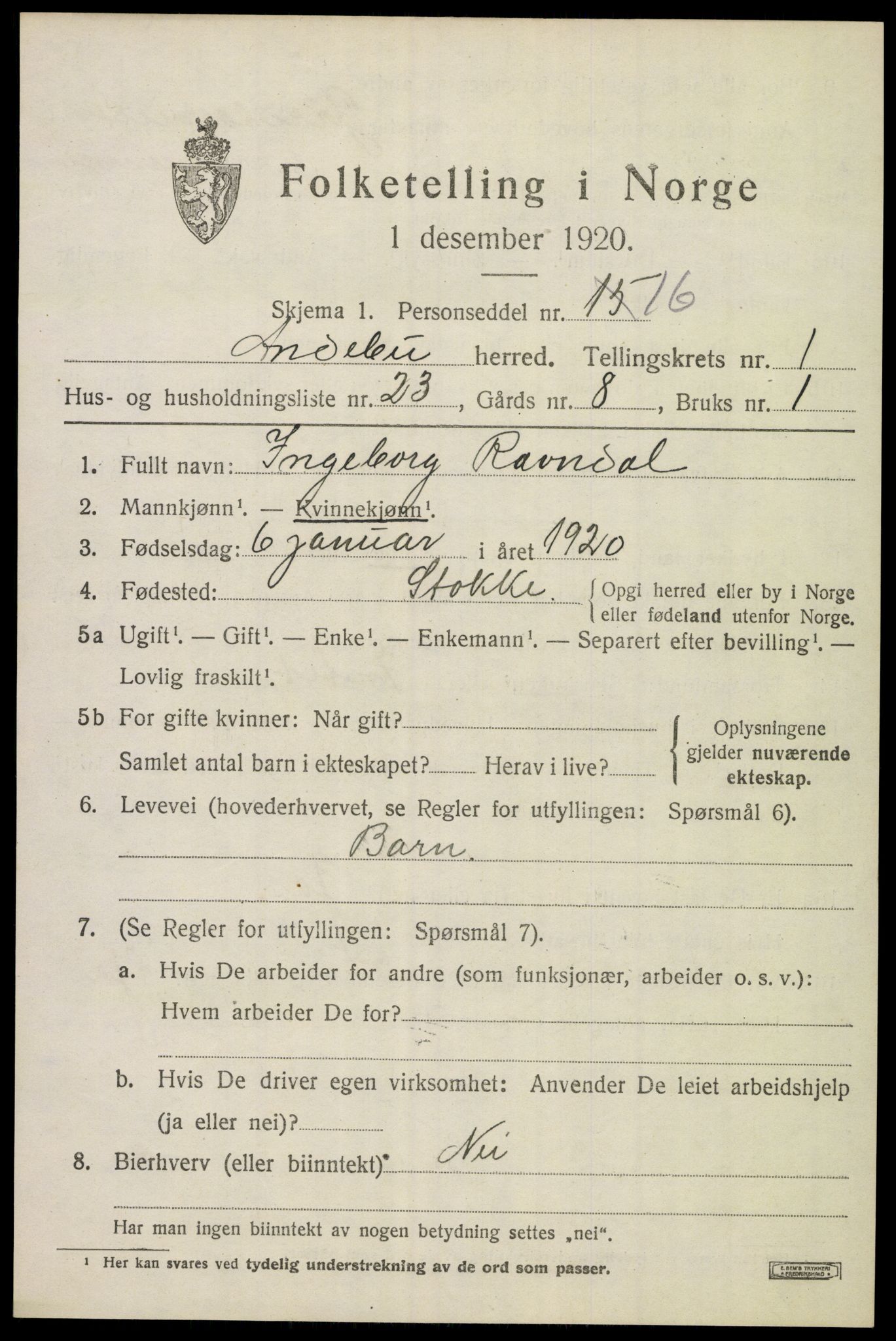 SAKO, 1920 census for Andebu, 1920, p. 1480