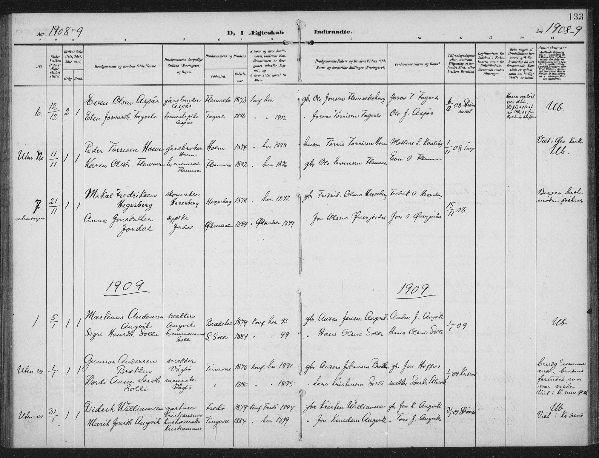 Ministerialprotokoller, klokkerbøker og fødselsregistre - Møre og Romsdal, AV/SAT-A-1454/586/L0989: Parish register (official) no. 586A15, 1906-1915, p. 133
