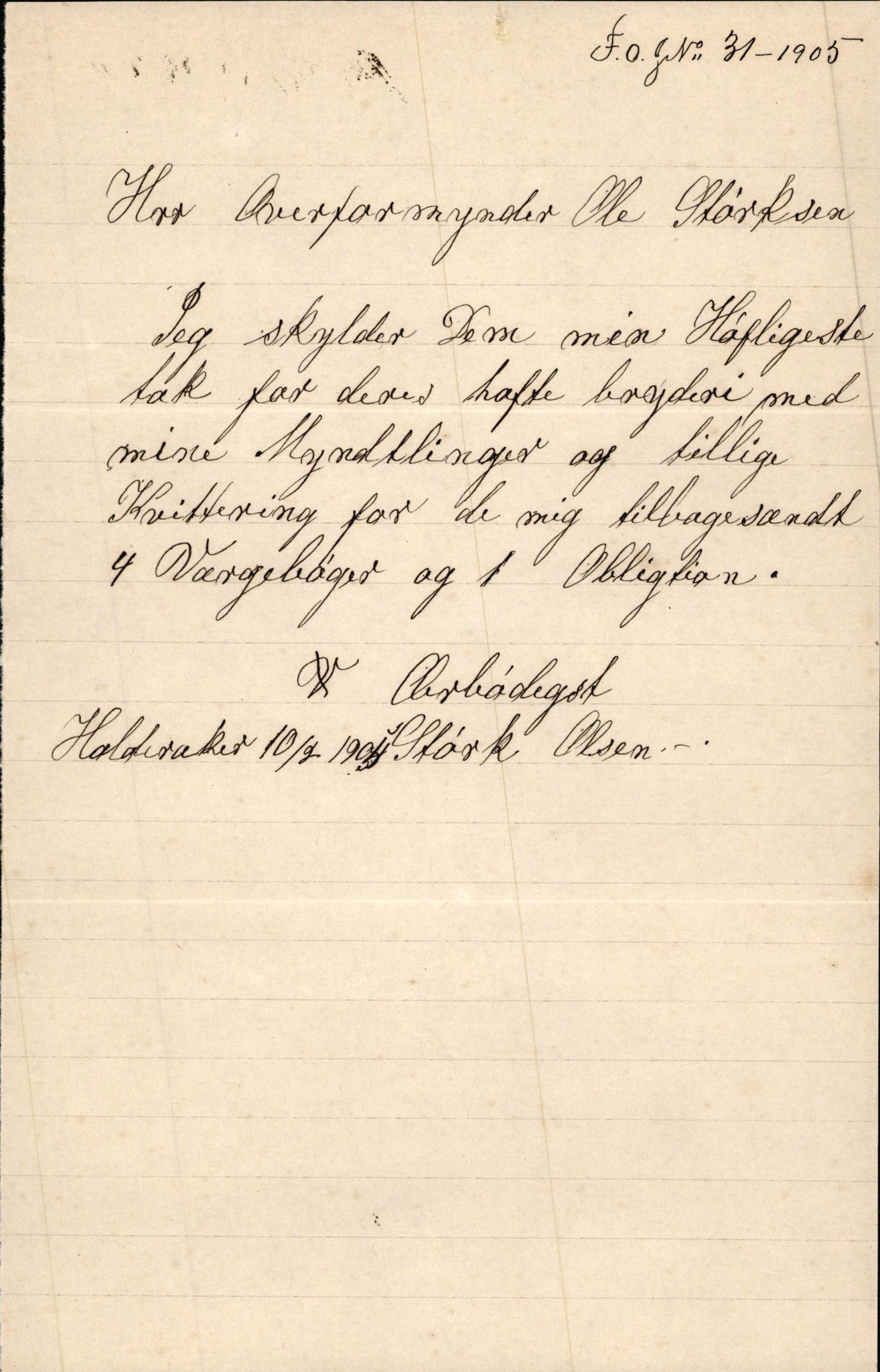 Finnaas kommune. Overformynderiet, IKAH/1218a-812/D/Da/Daa/L0002/0003: Kronologisk ordna korrespondanse / Kronologisk ordna korrespondanse, 1905-1909, p. 7