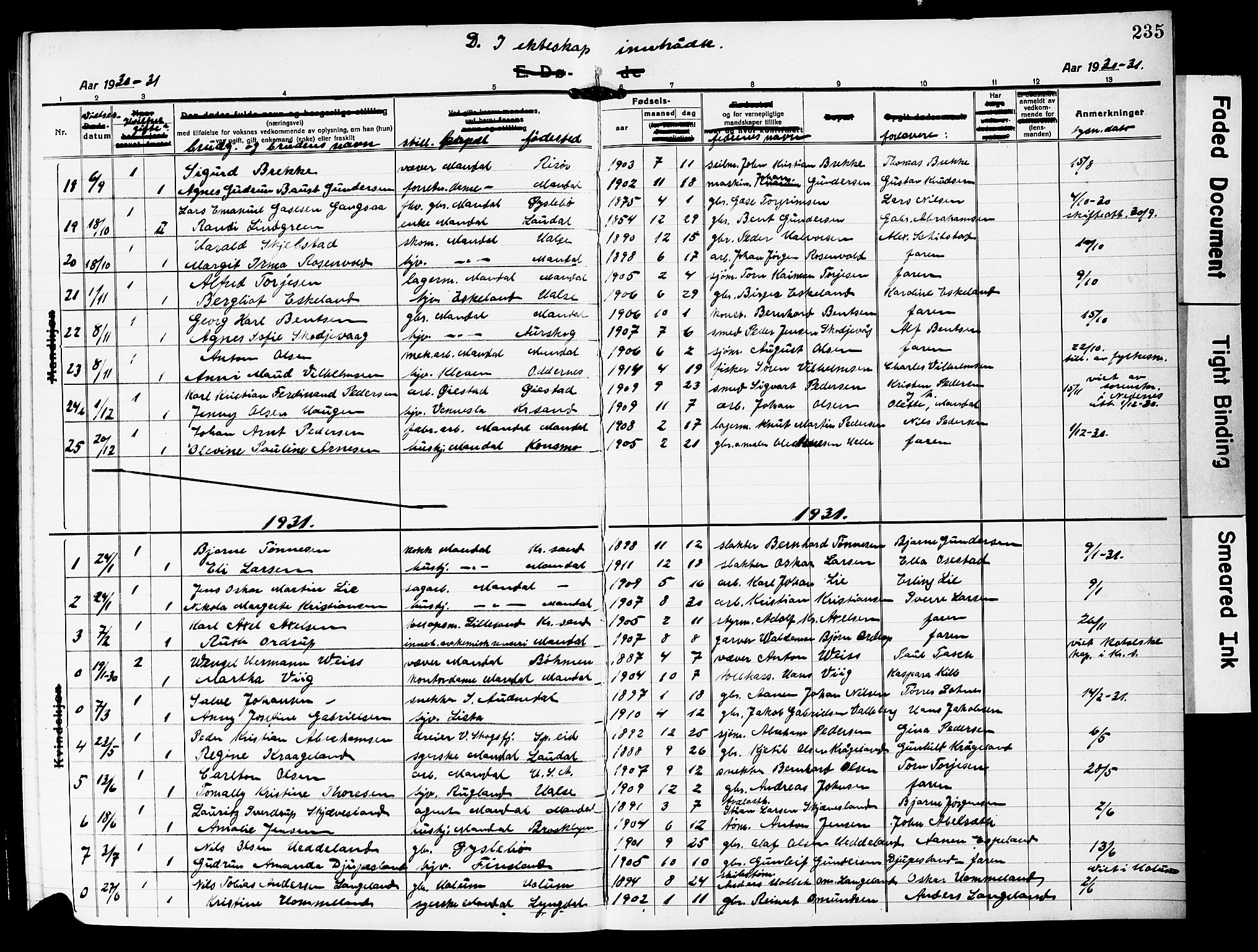 Mandal sokneprestkontor, SAK/1111-0030/F/Fb/Fbc/L0001: Parish register (copy) no. B 1, 1918-1931, p. 235