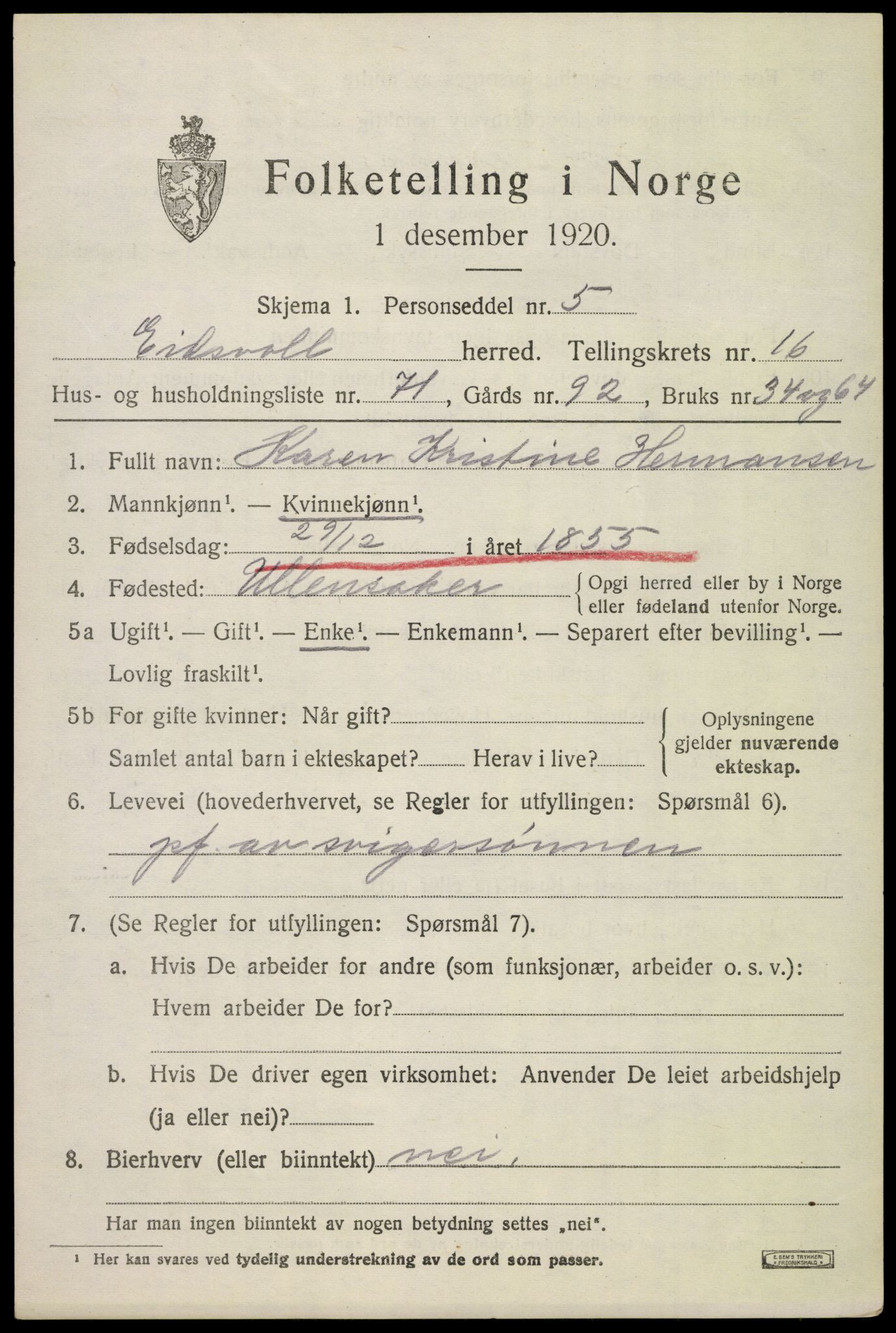 SAO, 1920 census for Eidsvoll, 1920, p. 23359