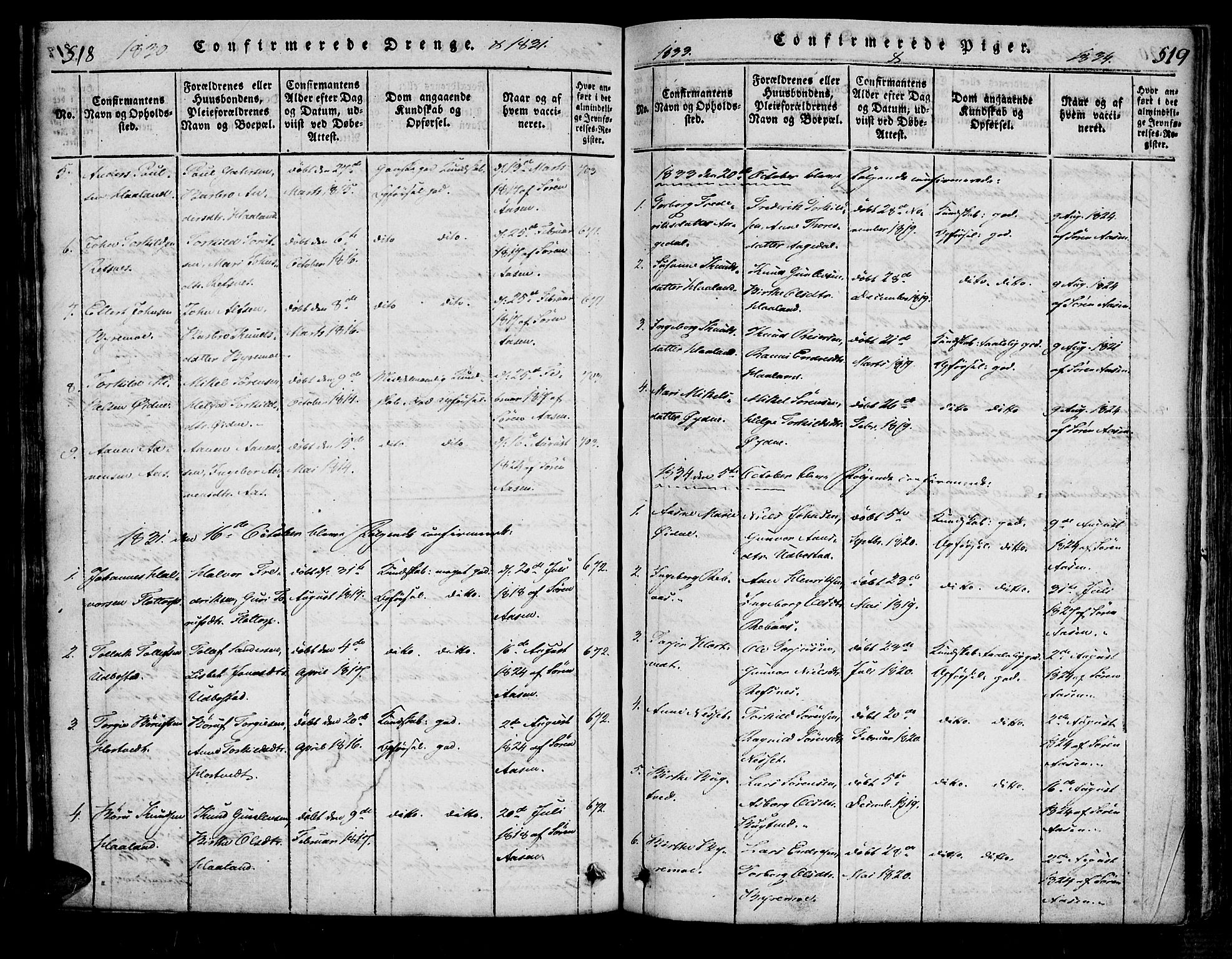 Bjelland sokneprestkontor, SAK/1111-0005/F/Fa/Fac/L0001: Parish register (official) no. A 1, 1815-1866, p. 518-519