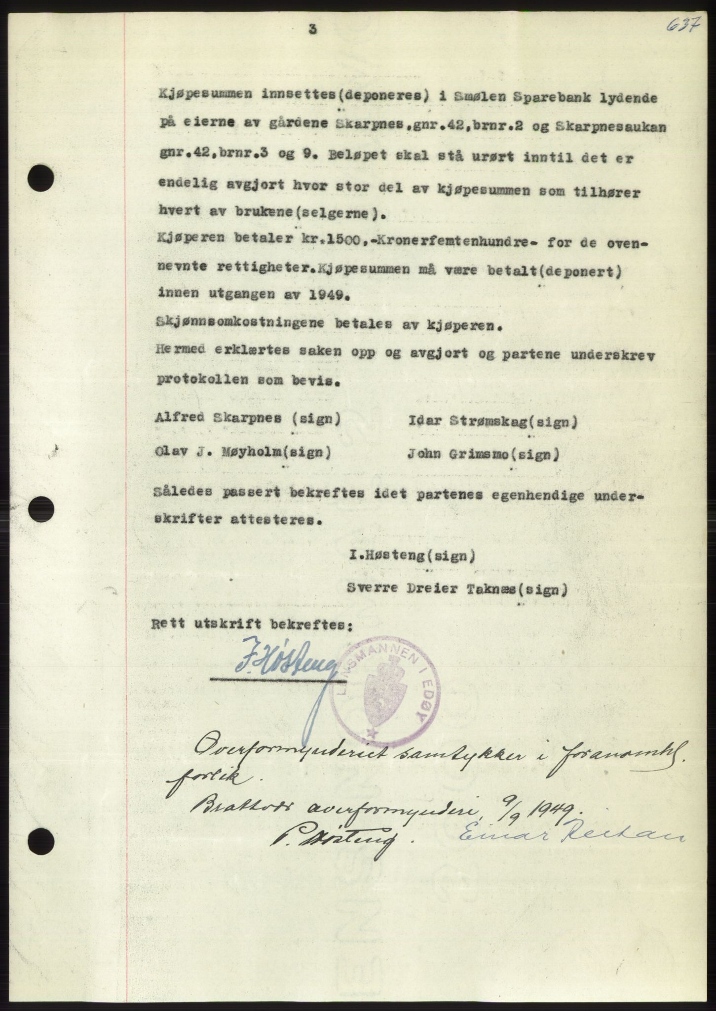 Nordmøre sorenskriveri, AV/SAT-A-4132/1/2/2Ca: Mortgage book no. B102, 1949-1949, Diary no: : 2563/1949