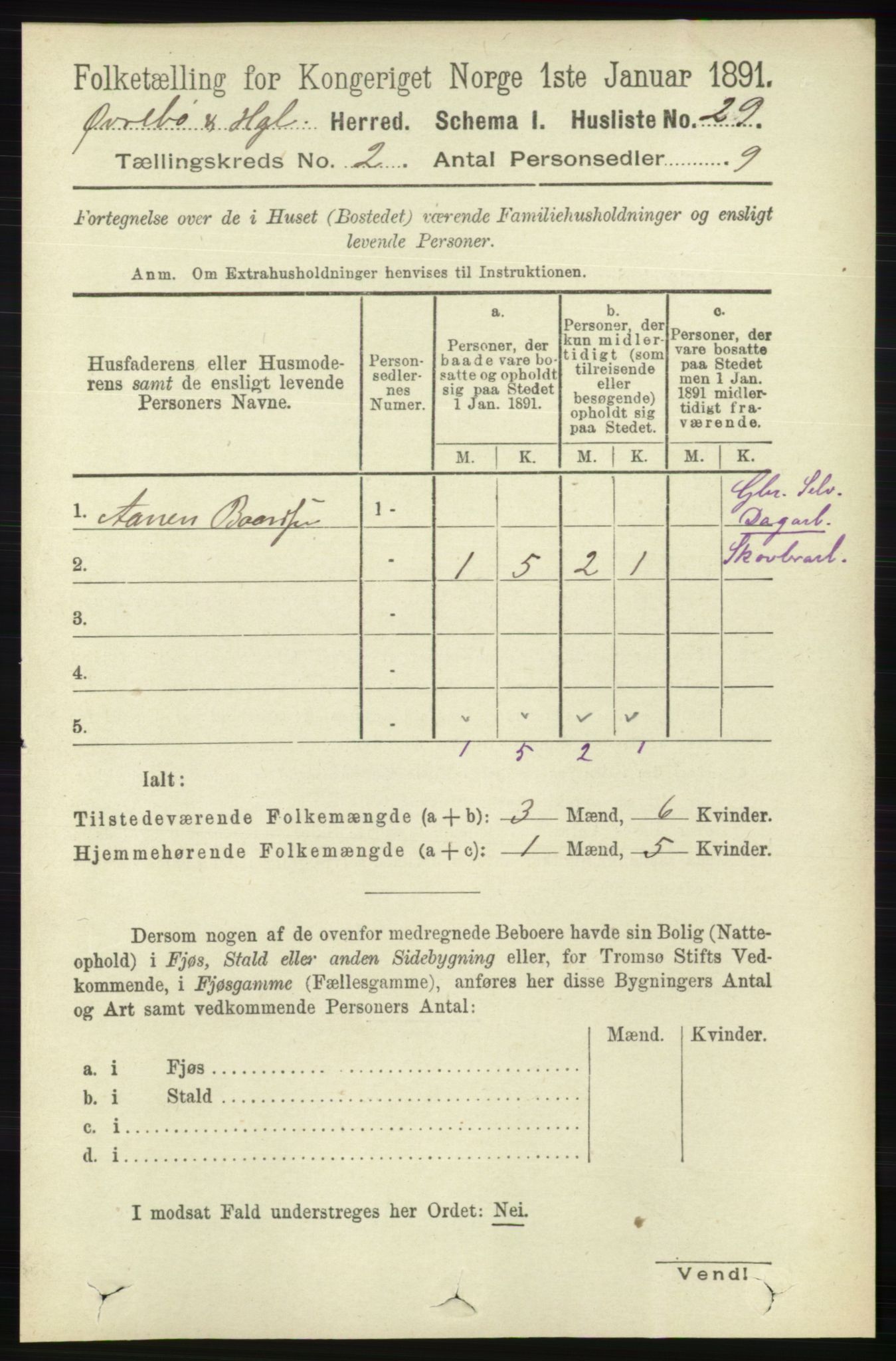 RA, 1891 census for 1016 Øvrebø og Hægeland, 1891, p. 311