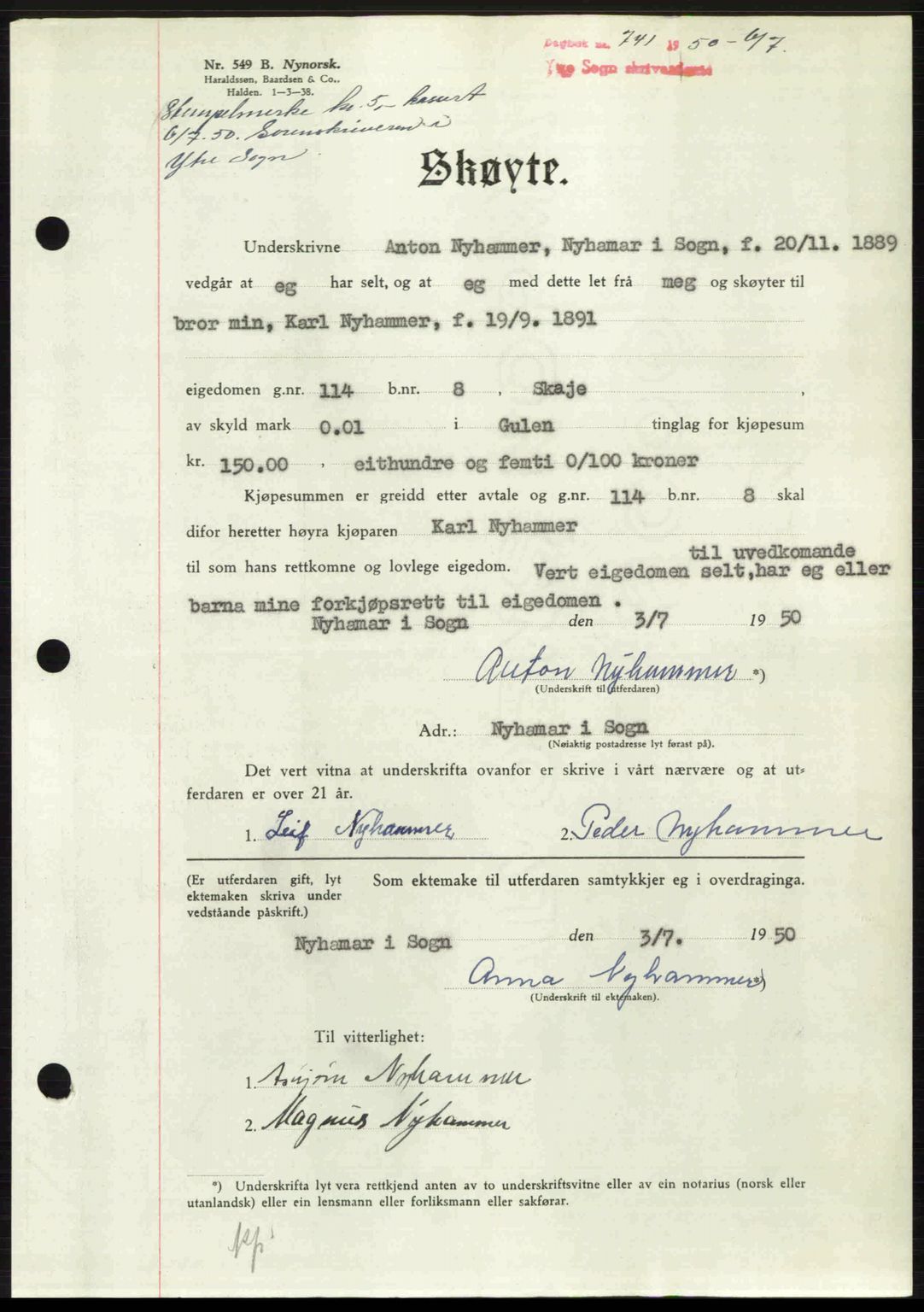 Ytre Sogn tingrett, SAB/A-2601/1/G/Gbb/L0009: Mortgage book no. A6 - A7 (B4), 1950-1950, Diary no: : 741/1950