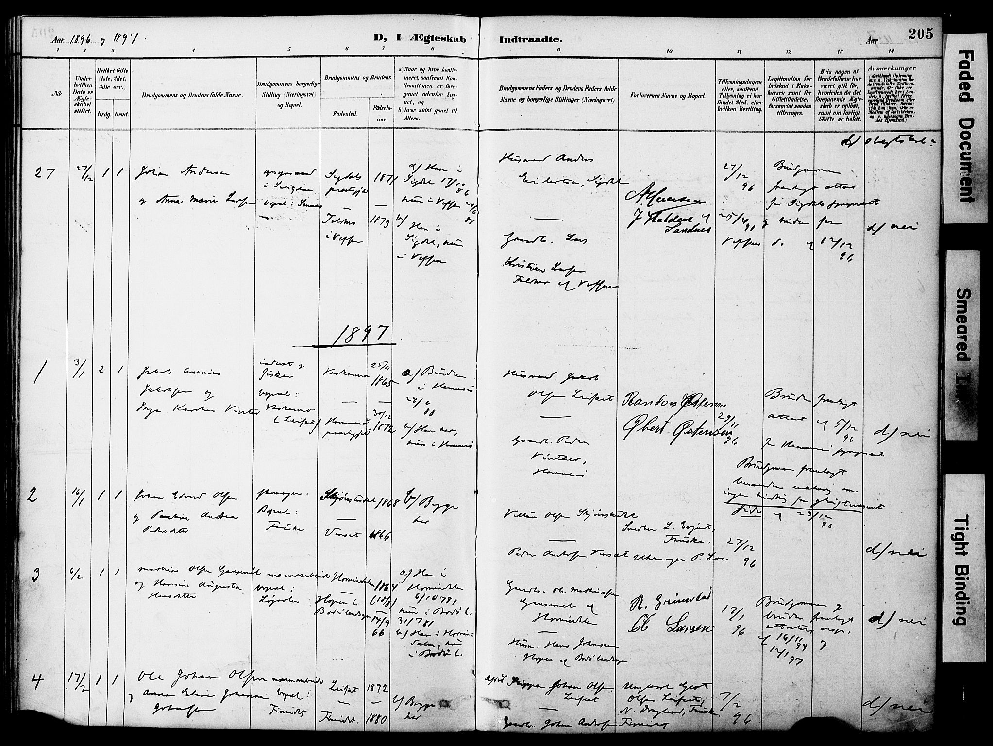 Ministerialprotokoller, klokkerbøker og fødselsregistre - Nordland, AV/SAT-A-1459/849/L0690: Parish register (official) no. 849A02, 1890-1897, p. 205