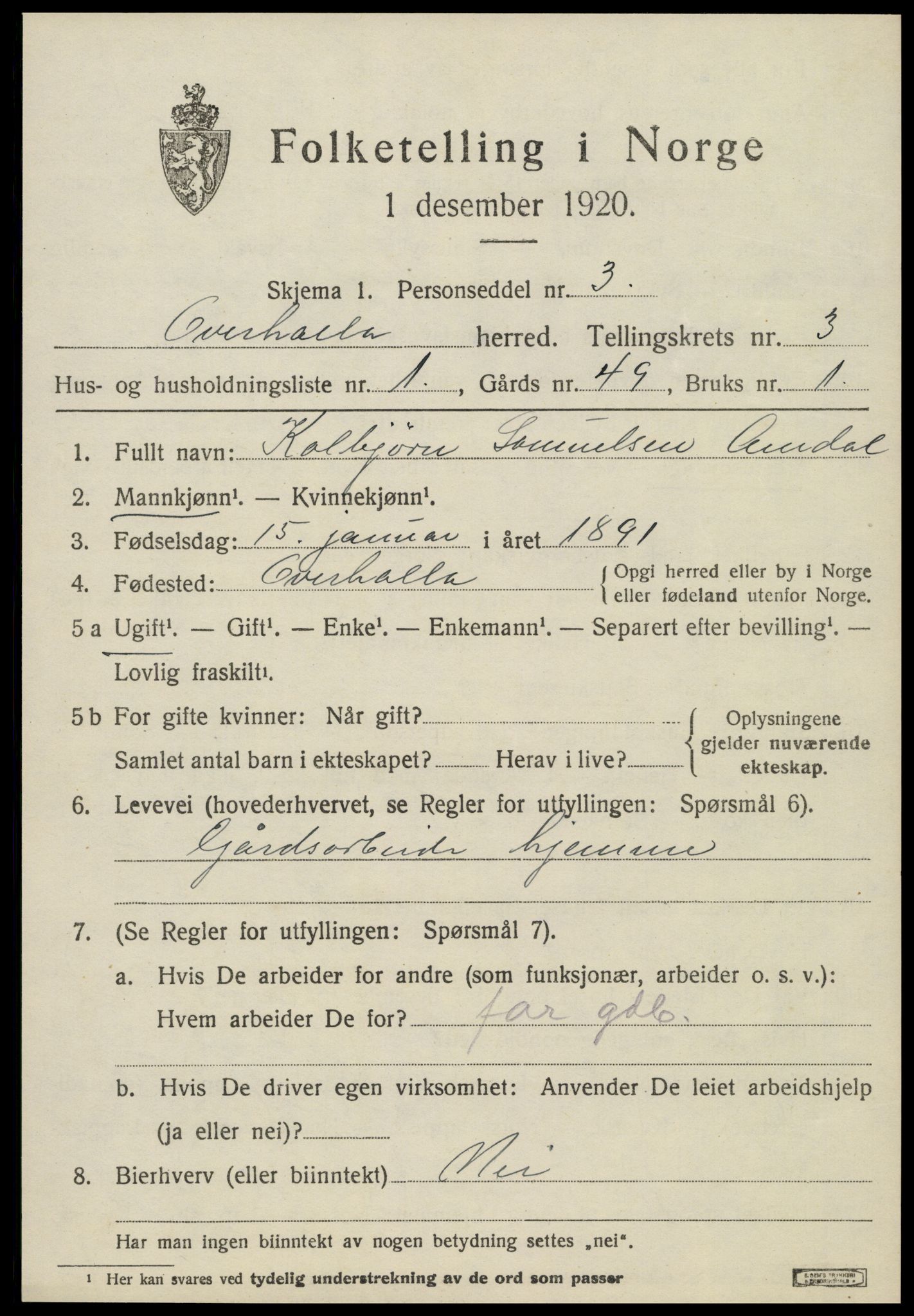 SAT, 1920 census for Overhalla, 1920, p. 2044