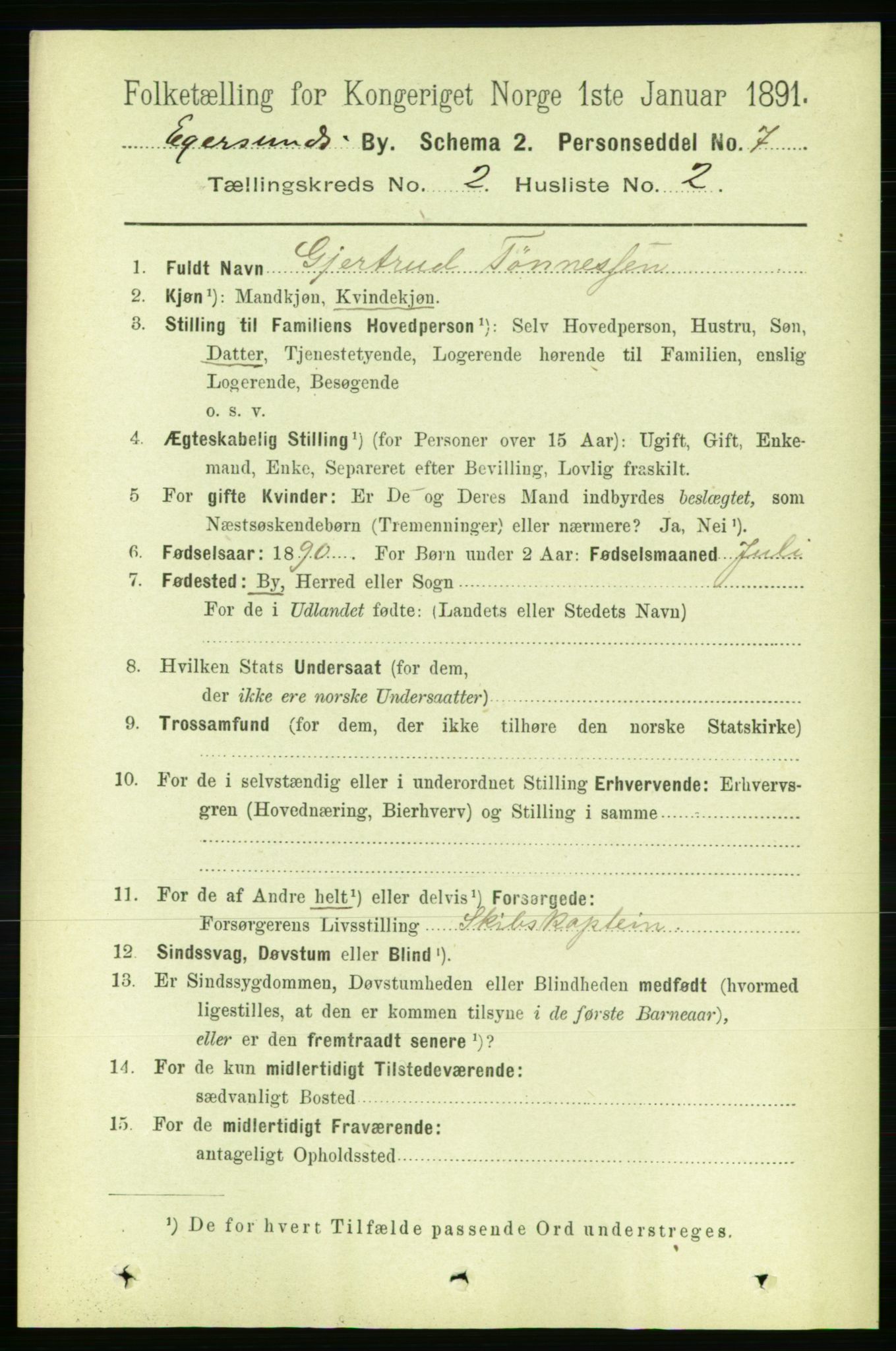 RA, 1891 census for 1101 Egersund, 1891, p. 240