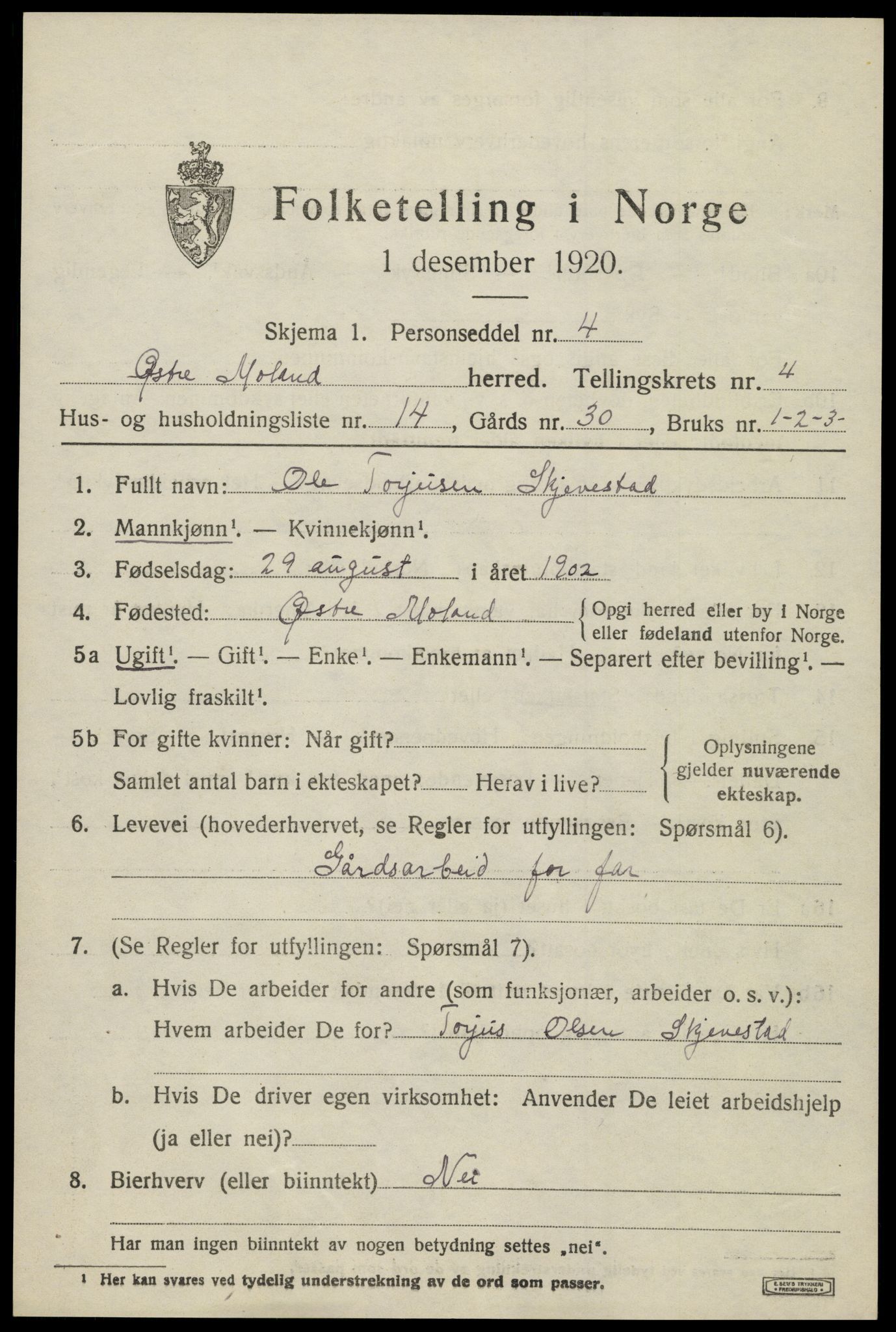SAK, 1920 census for Austre Moland, 1920, p. 2197