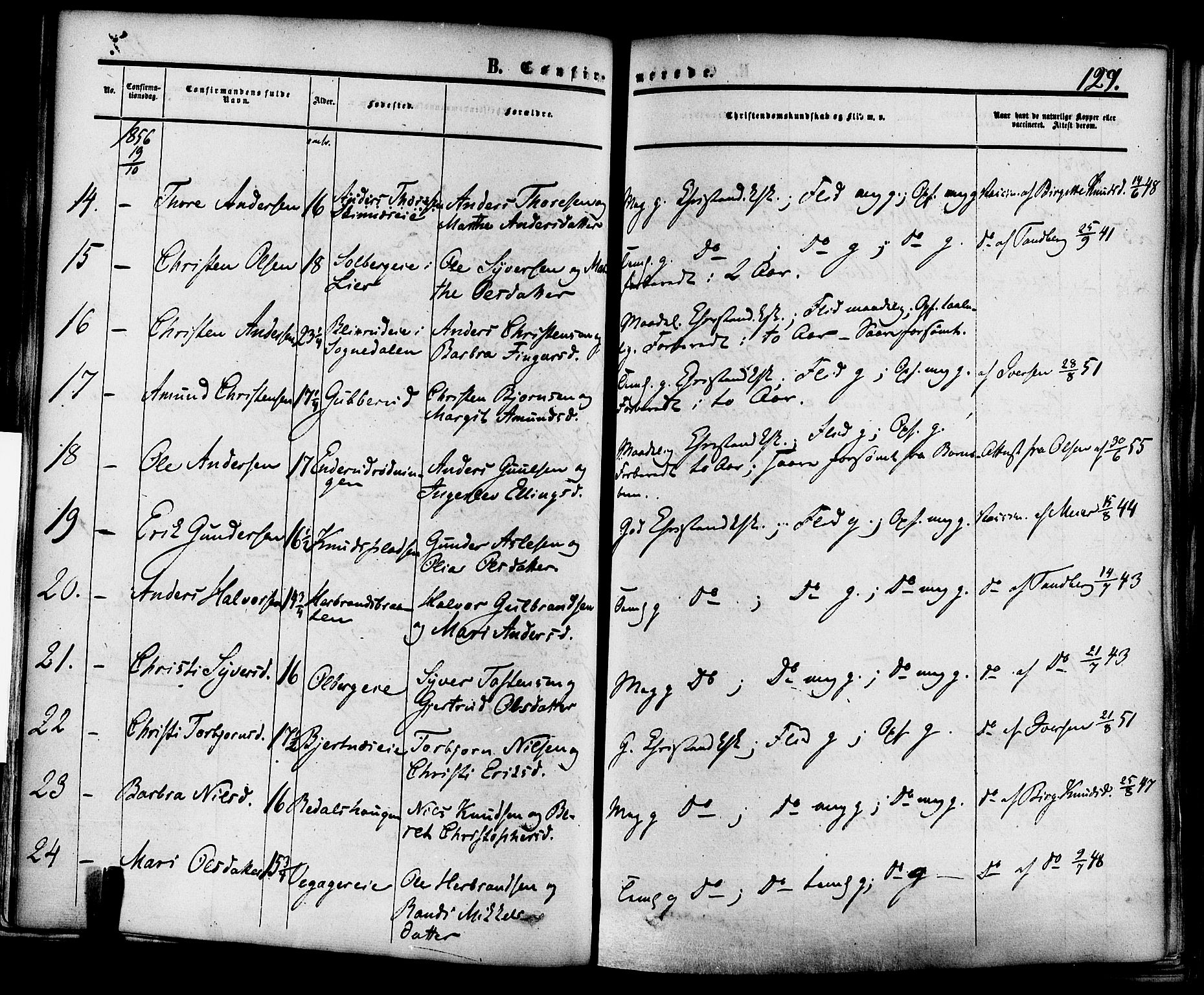 Krødsherad kirkebøker, AV/SAKO-A-19/F/Fa/L0003: Parish register (official) no. 3, 1851-1872, p. 129