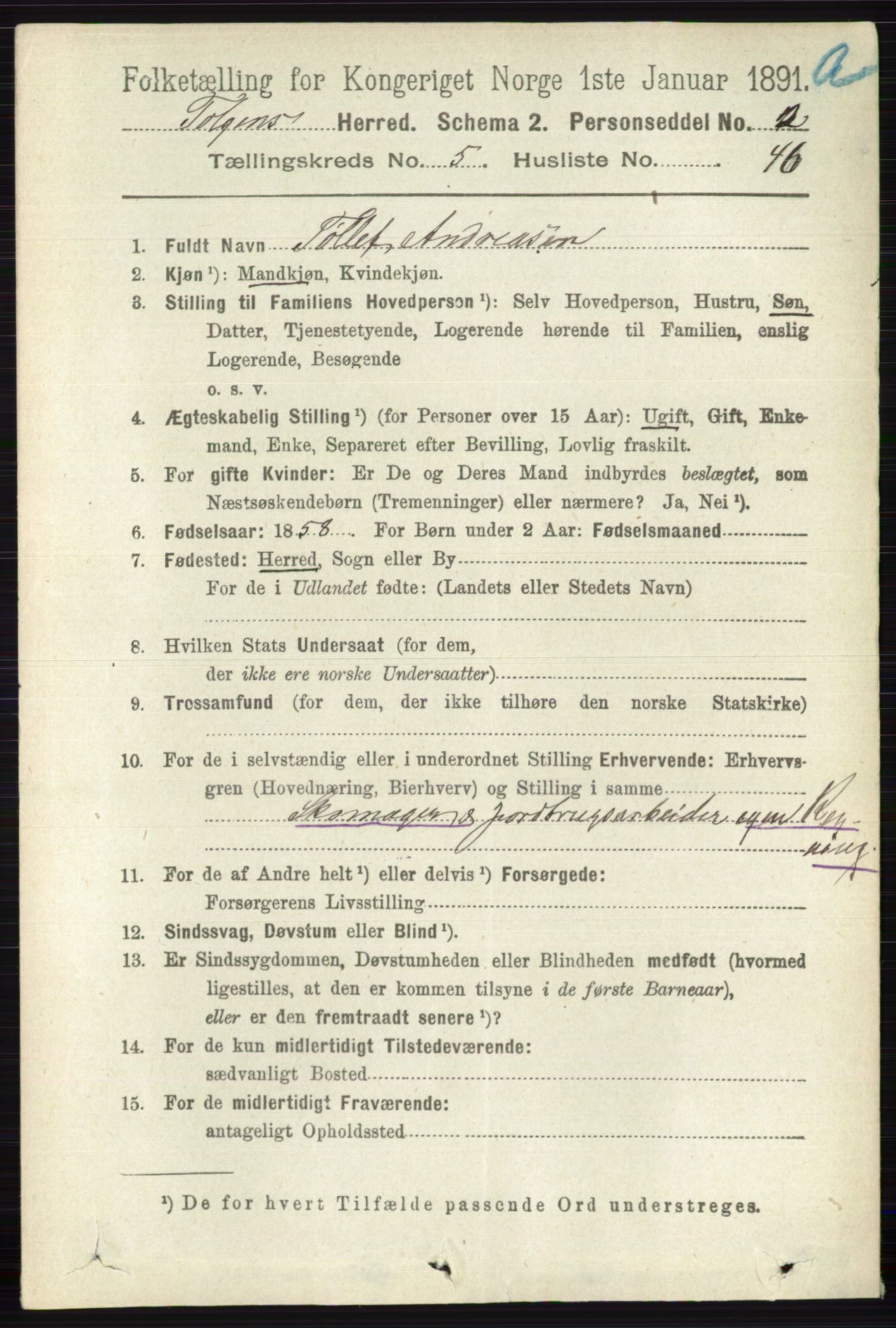 RA, 1891 census for 0436 Tolga, 1891, p. 1576