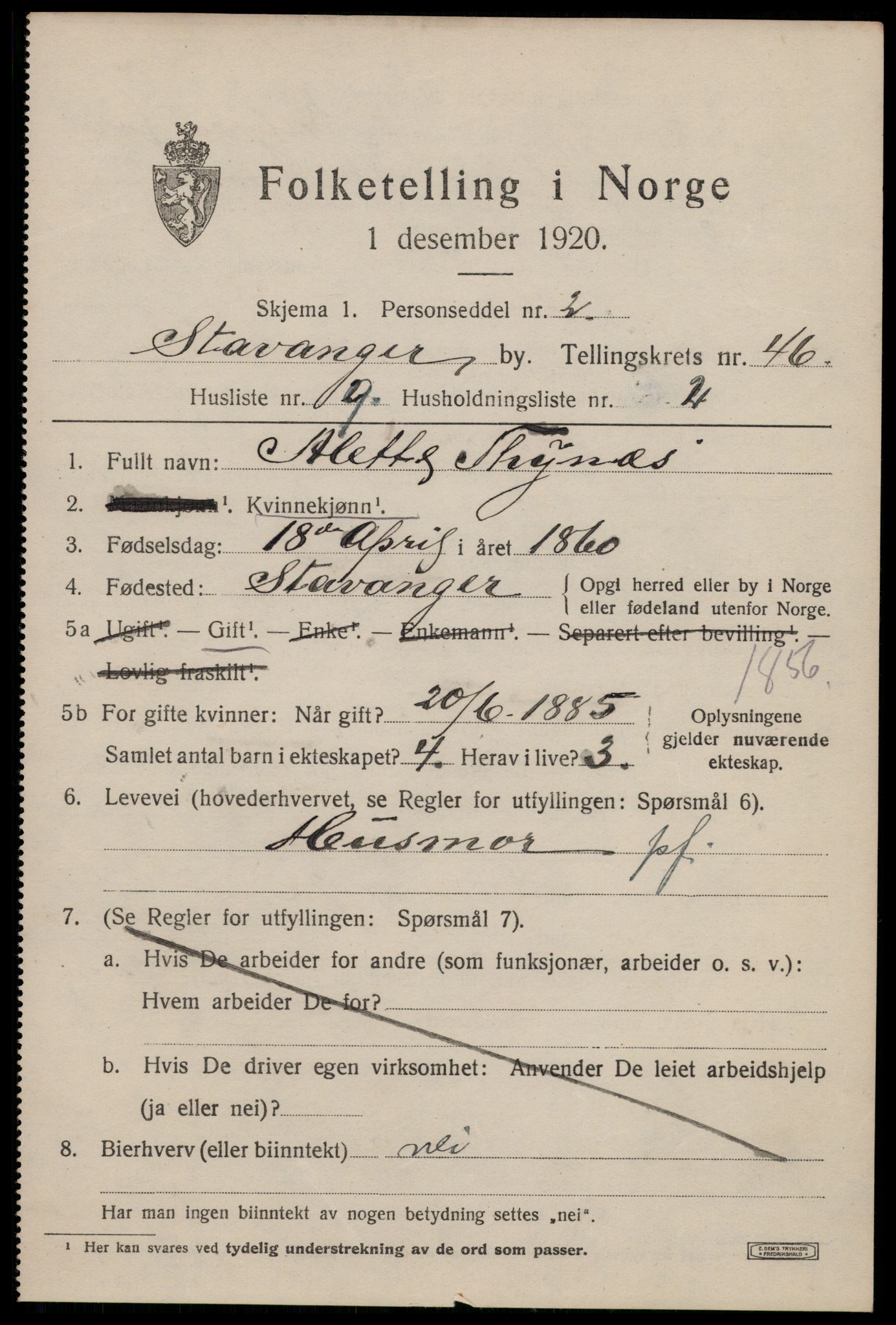 SAST, 1920 census for Stavanger, 1920, p. 112482