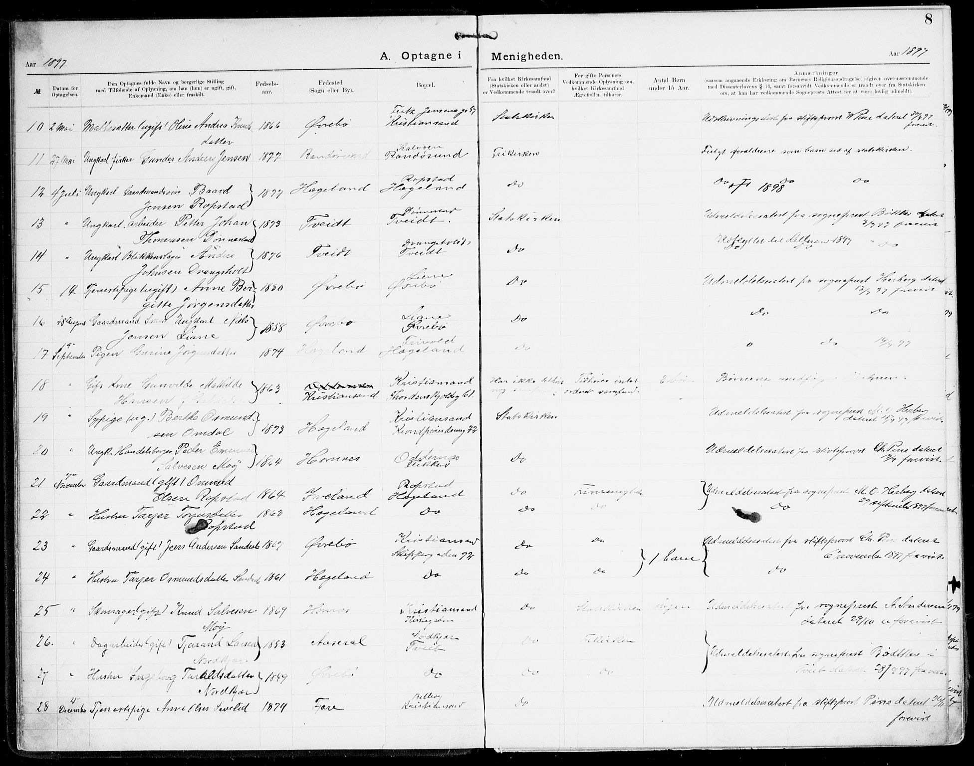 Den evangelisk-lutherske frikirke, Kristiansand, AV/SAK-1292-0017/F/Fa/L0003: Dissenter register no. F 11, 1892-1925, p. 8