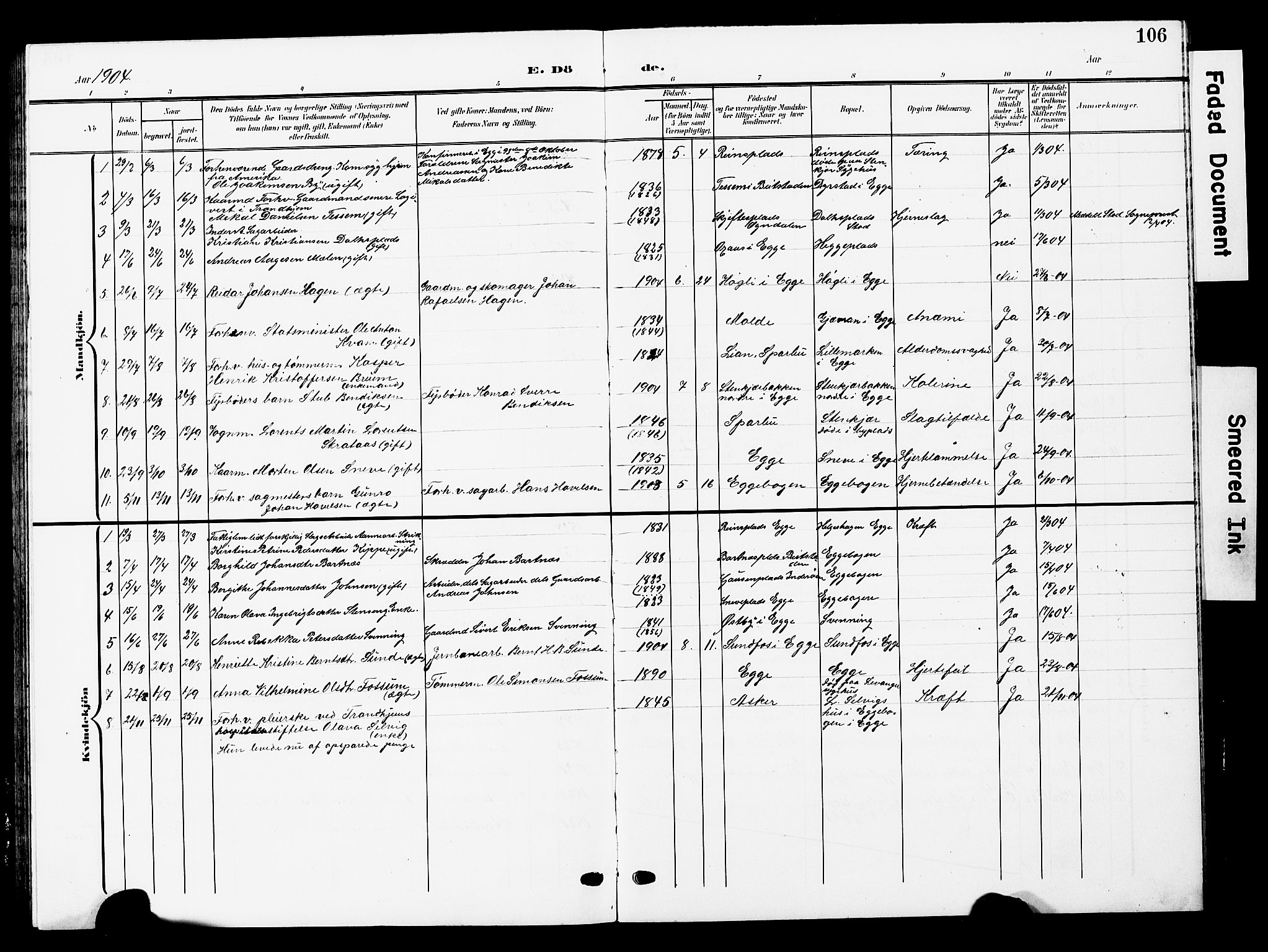 Ministerialprotokoller, klokkerbøker og fødselsregistre - Nord-Trøndelag, AV/SAT-A-1458/740/L0381: Parish register (copy) no. 740C02, 1903-1914, p. 106