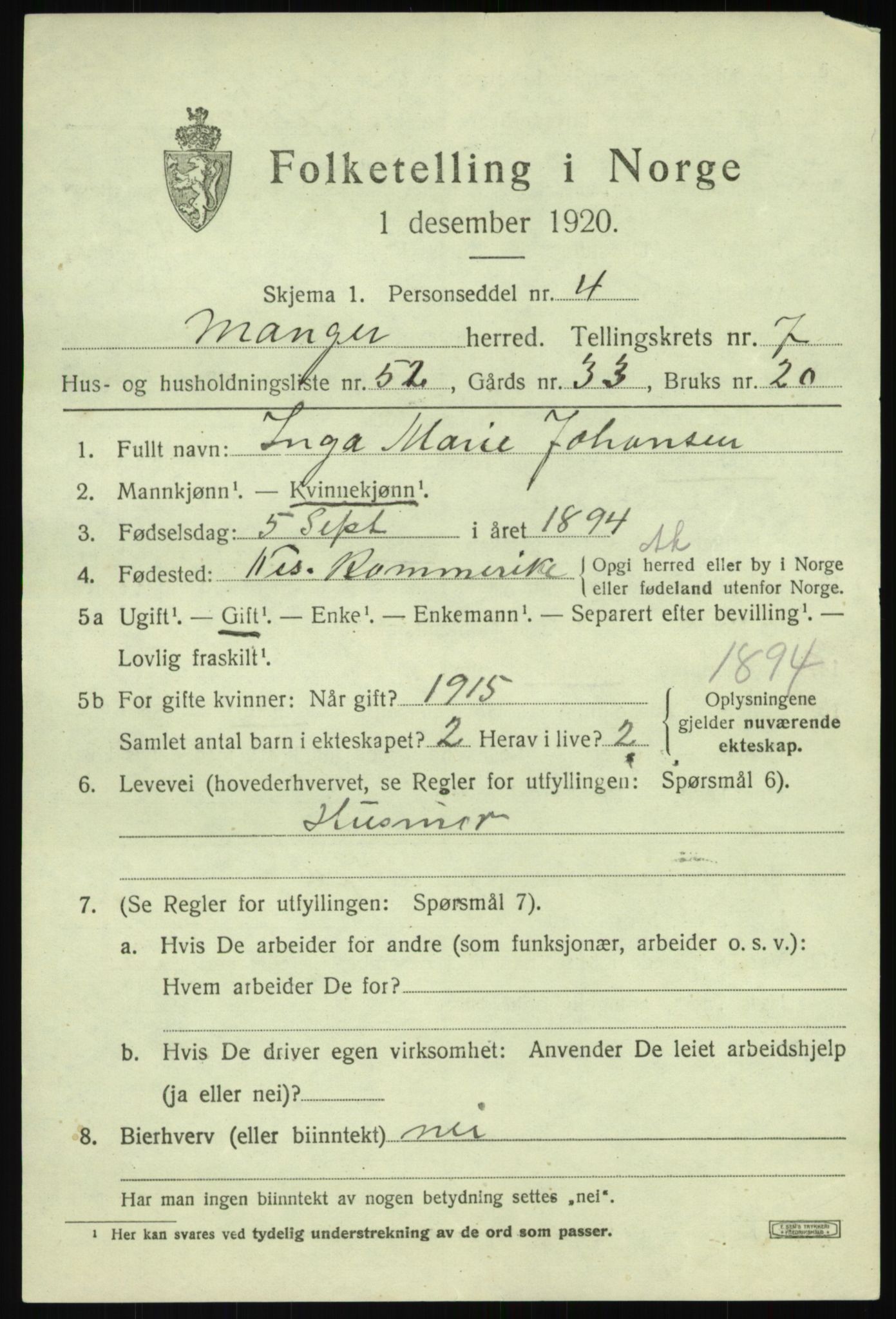 SAB, 1920 census for Manger, 1920, p. 5023