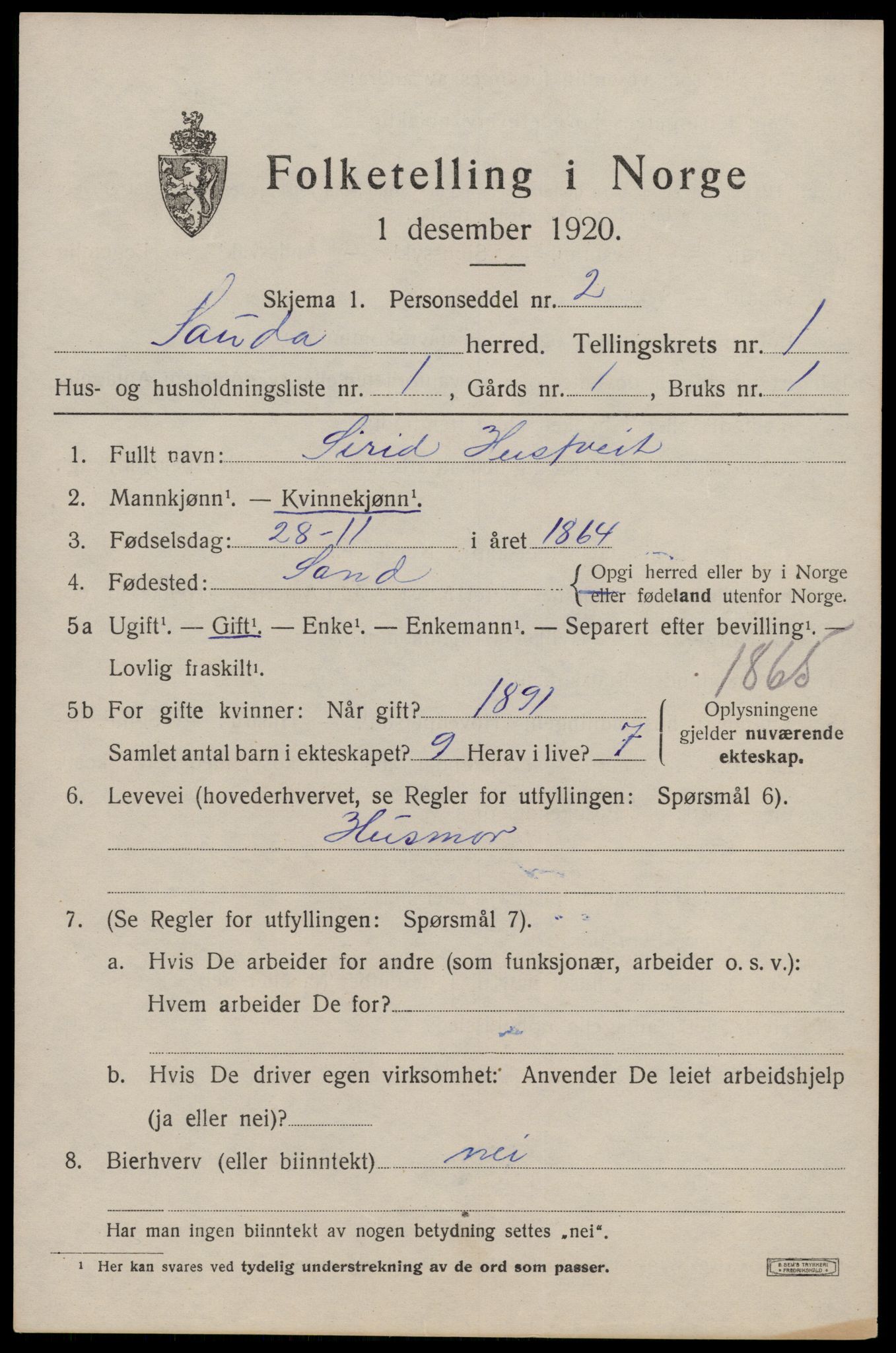 SAST, 1920 census for Sauda, 1920, p. 830