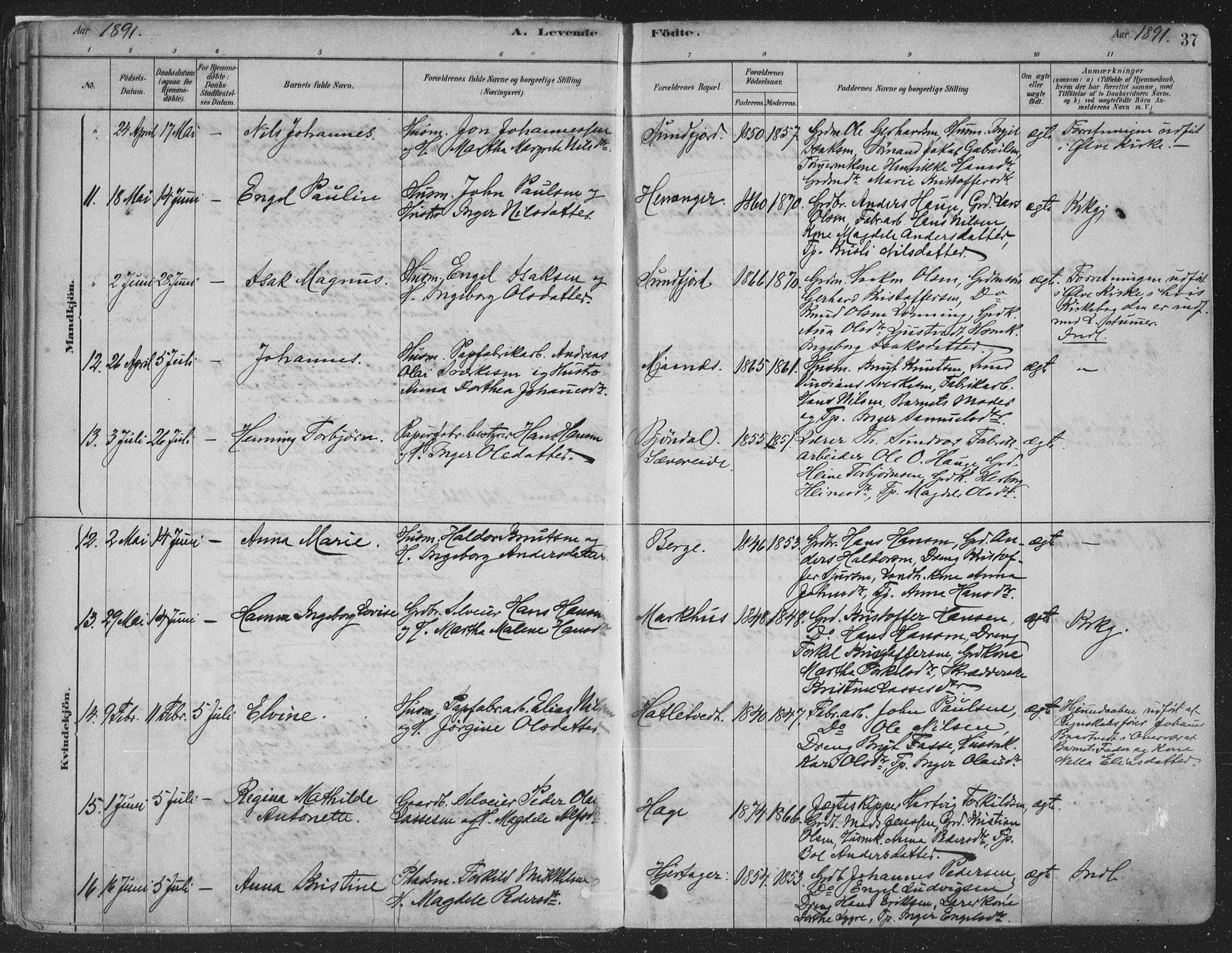 Fusa sokneprestembete, SAB/A-75401/H/Haa: Parish register (official) no. D 1, 1880-1938, p. 37