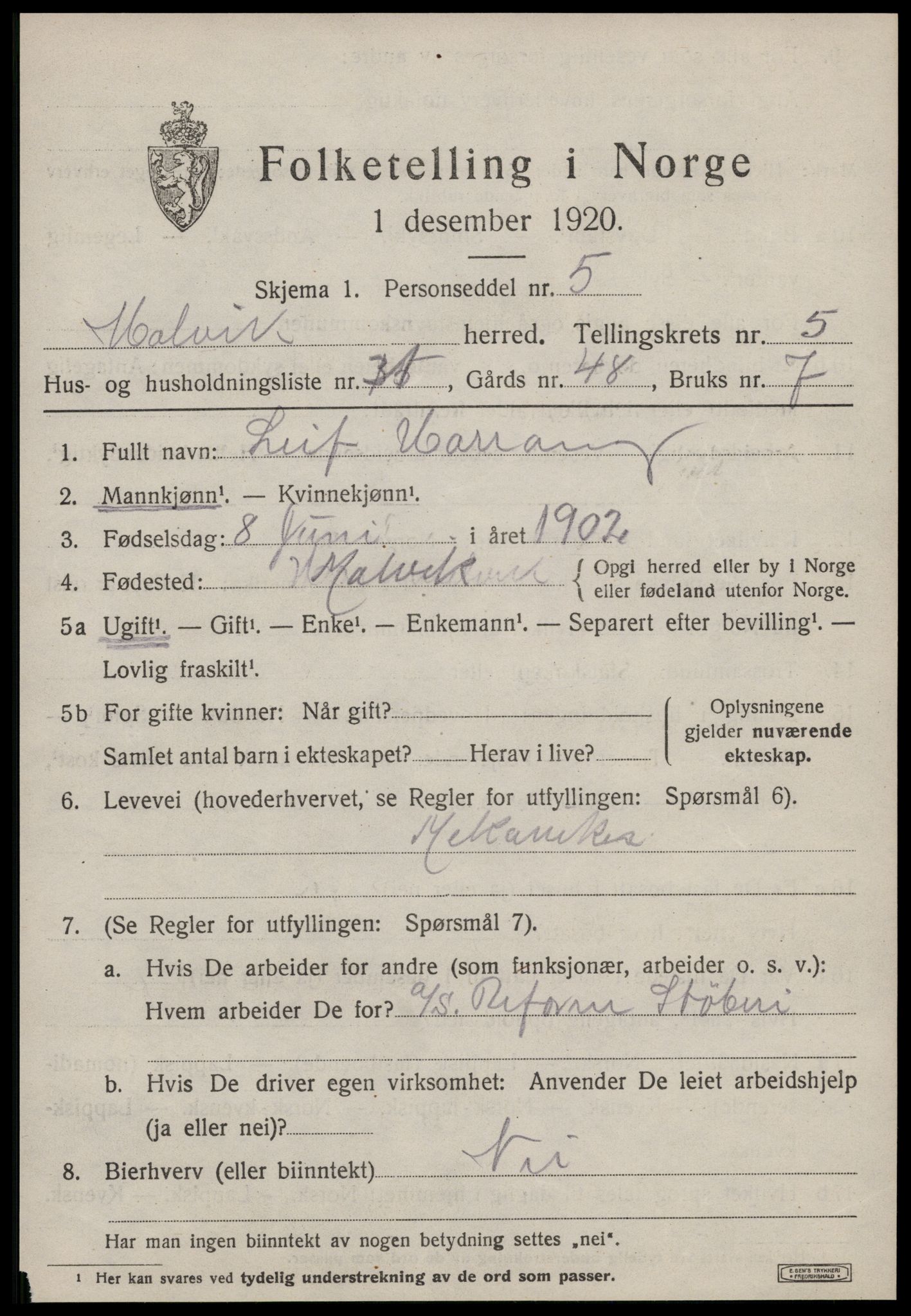 SAT, 1920 census for Malvik, 1920, p. 3596