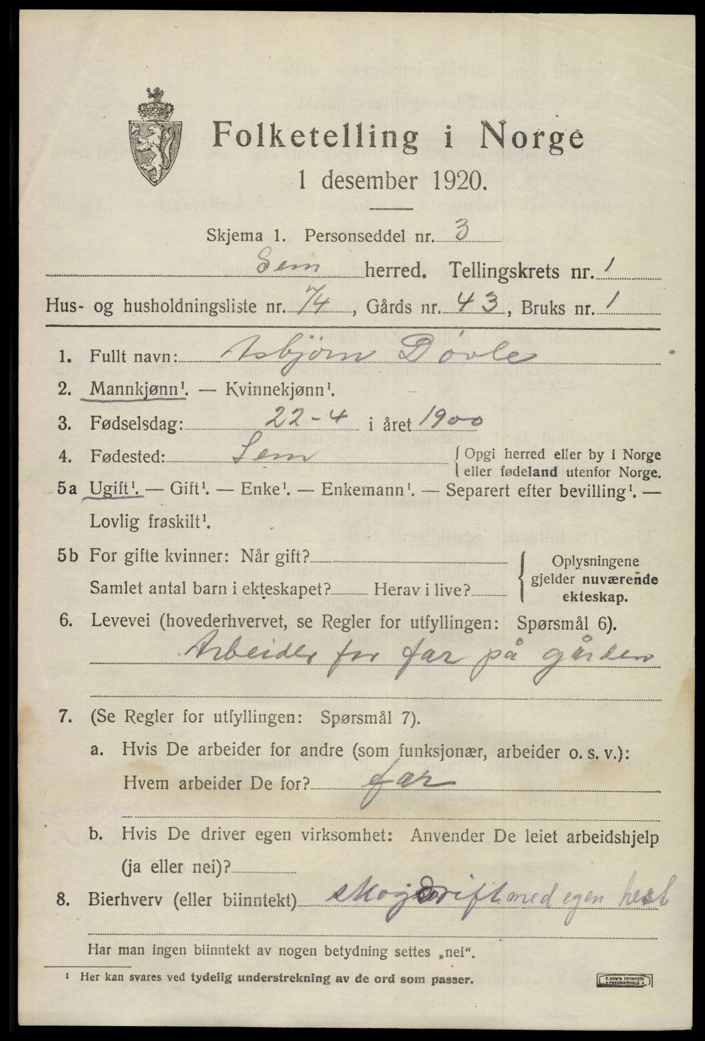 SAKO, 1920 census for Sem, 1920, p. 3563