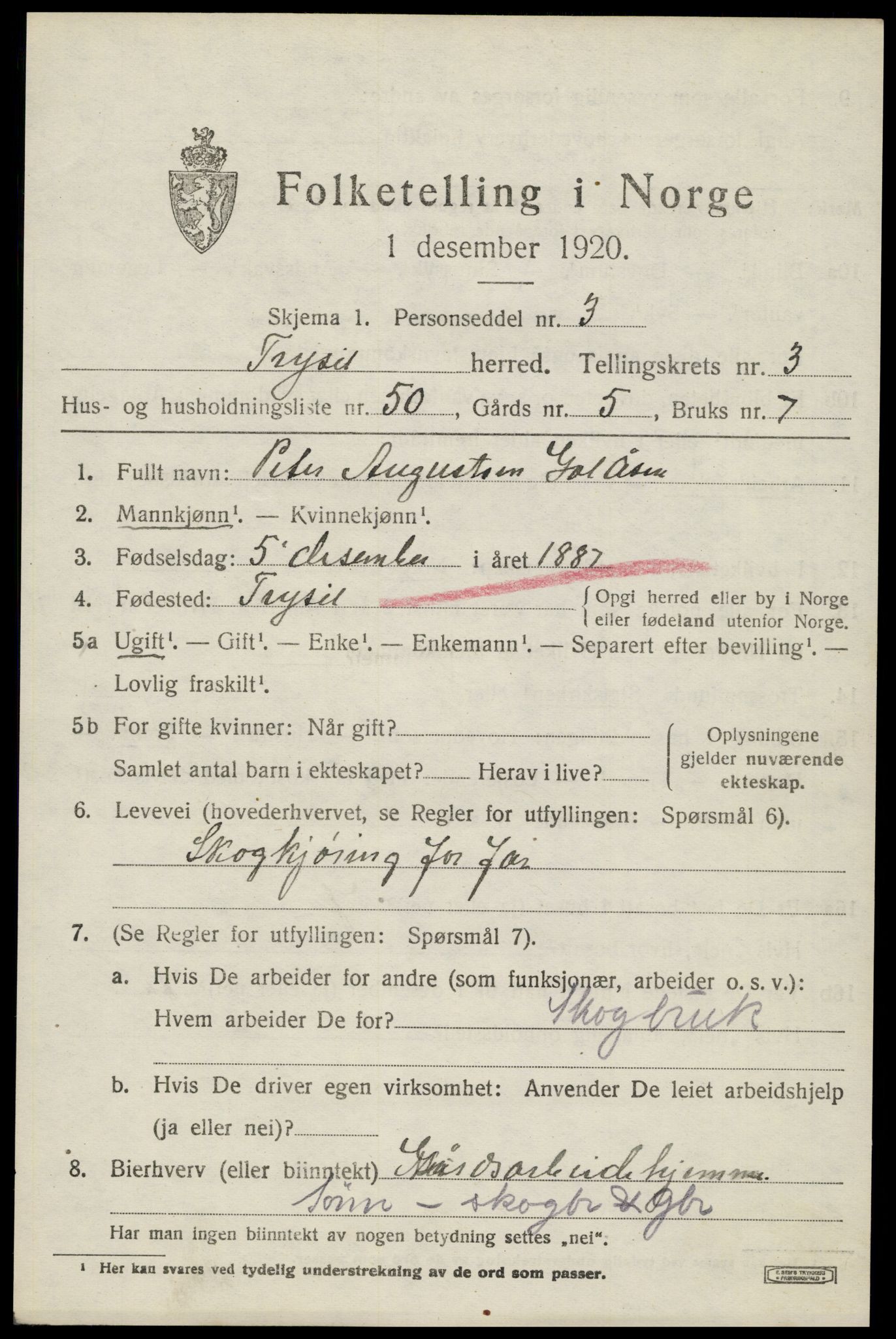 SAH, 1920 census for Trysil, 1920, p. 4069