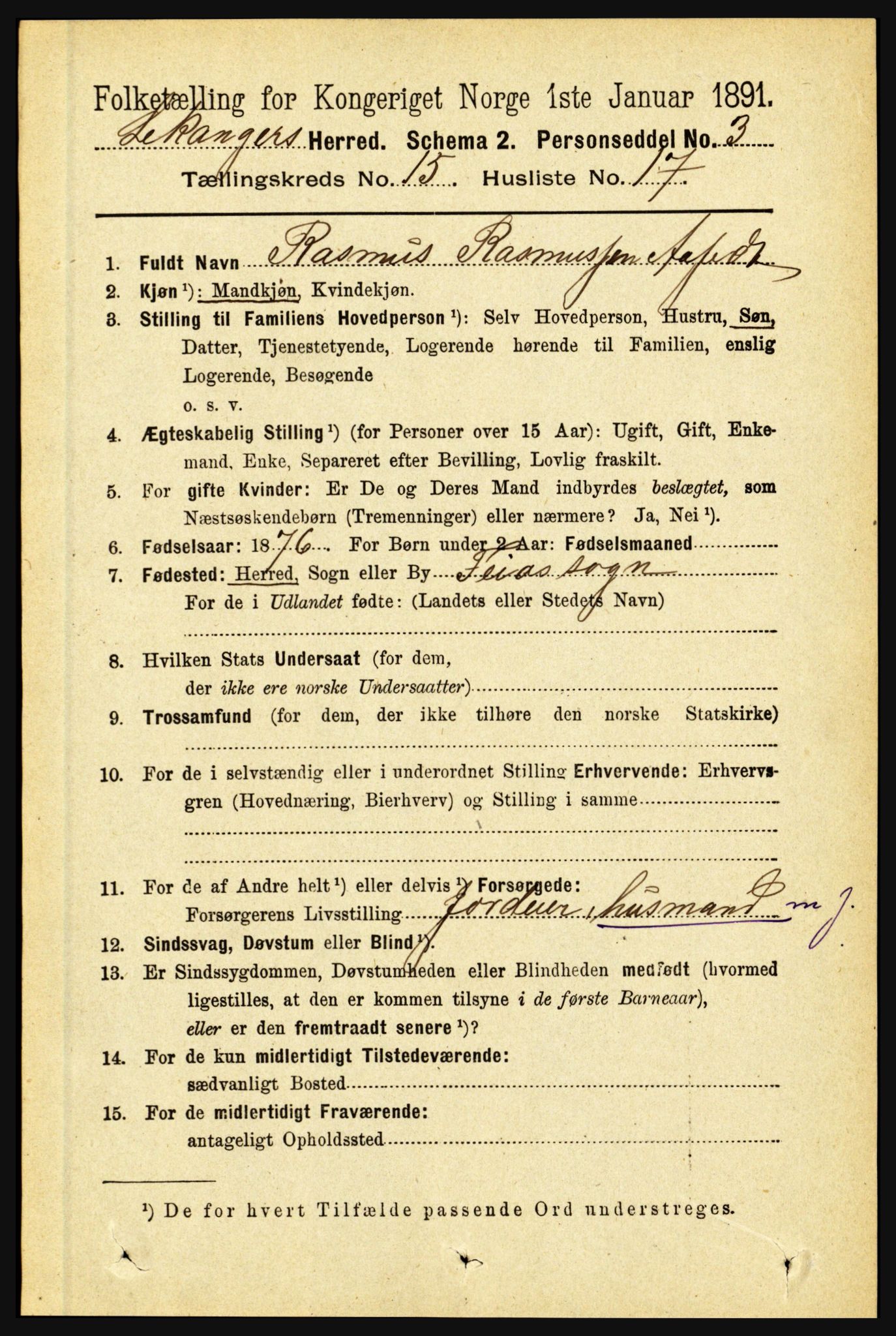 RA, 1891 census for 1419 Leikanger, 1891, p. 2952