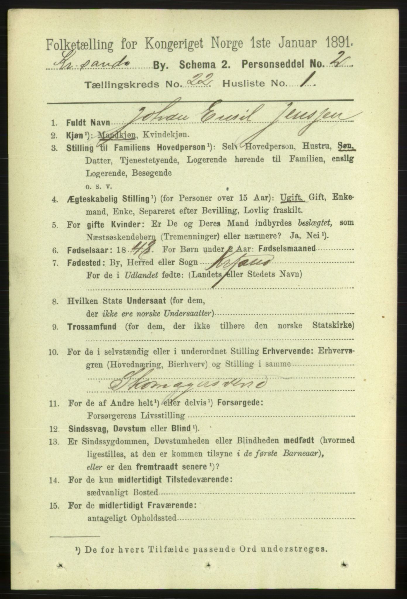 RA, 1891 census for 1001 Kristiansand, 1891, p. 8267