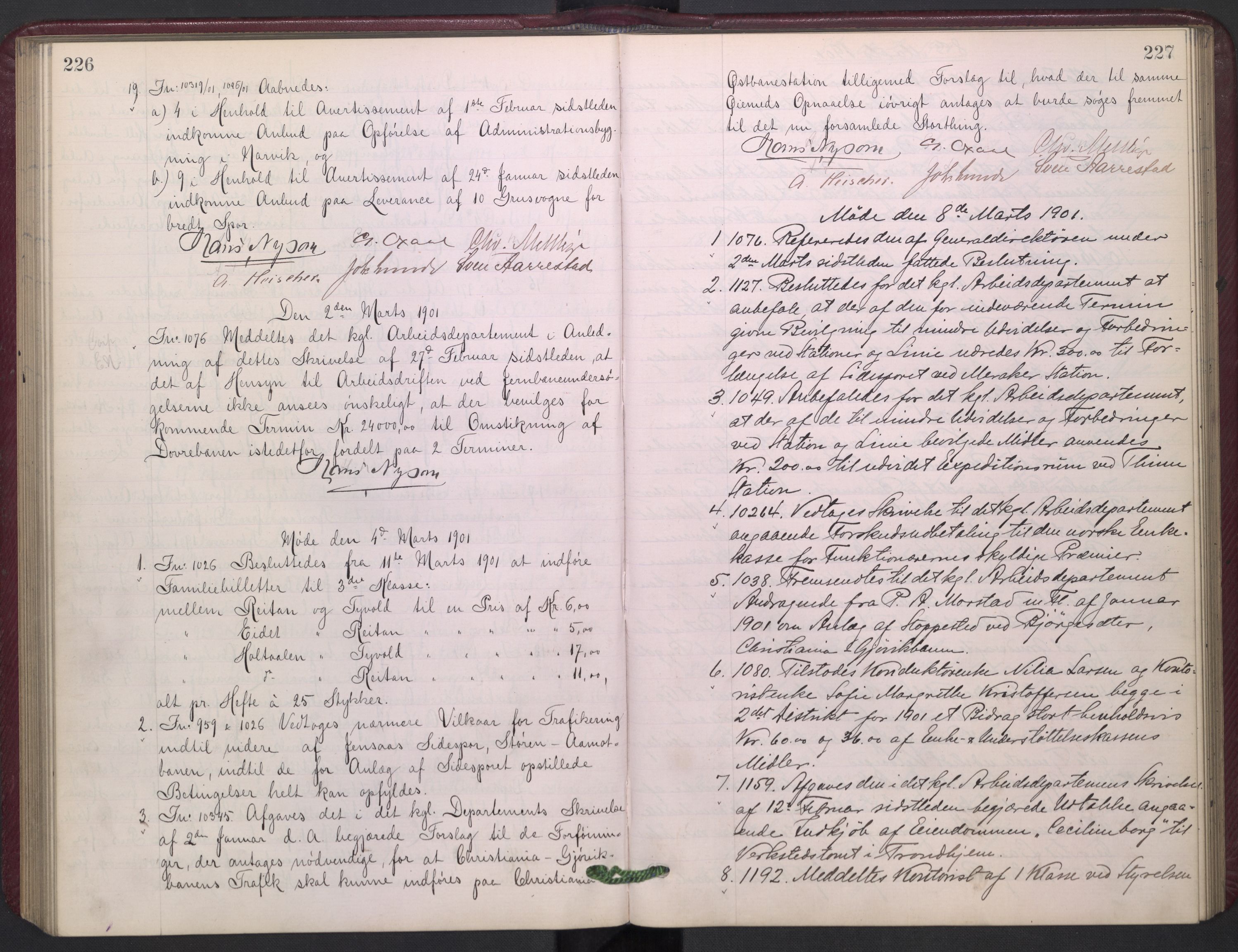 Norges statsbaner, Administrasjons- økonomi- og personalavdelingen, AV/RA-S-3412/A/Aa/L0005: Forhandlingsprotokoll, 1900-1902, p. 226-227